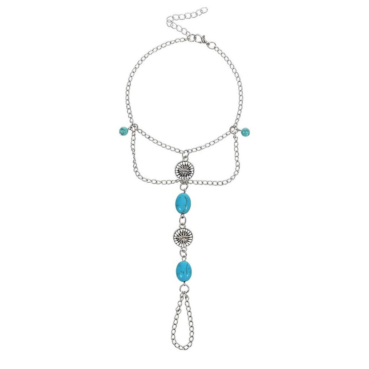 KARMA Fußkette Fußkettchen mit Zehenring Boho Silber Türkis (Bohoschmuck, 1-tlg., Accessoires Sommer Beach Festival Fußkette), Fußschmuck Urlaub Strand Abendmode