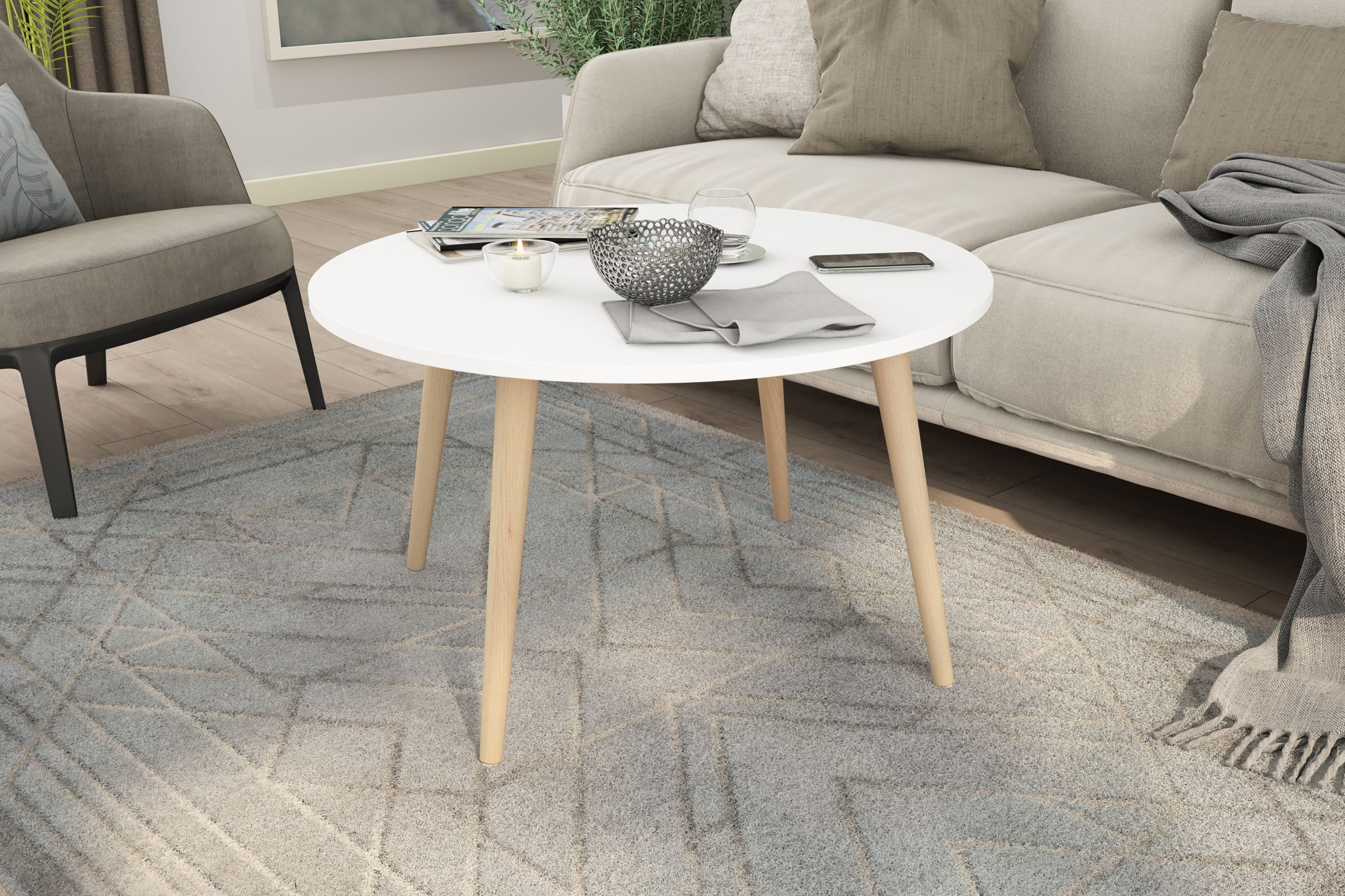 byLIVING Couchtisch LASSE, Tischplatte weiß, Gestell Buche natur, Breite: 80 cm