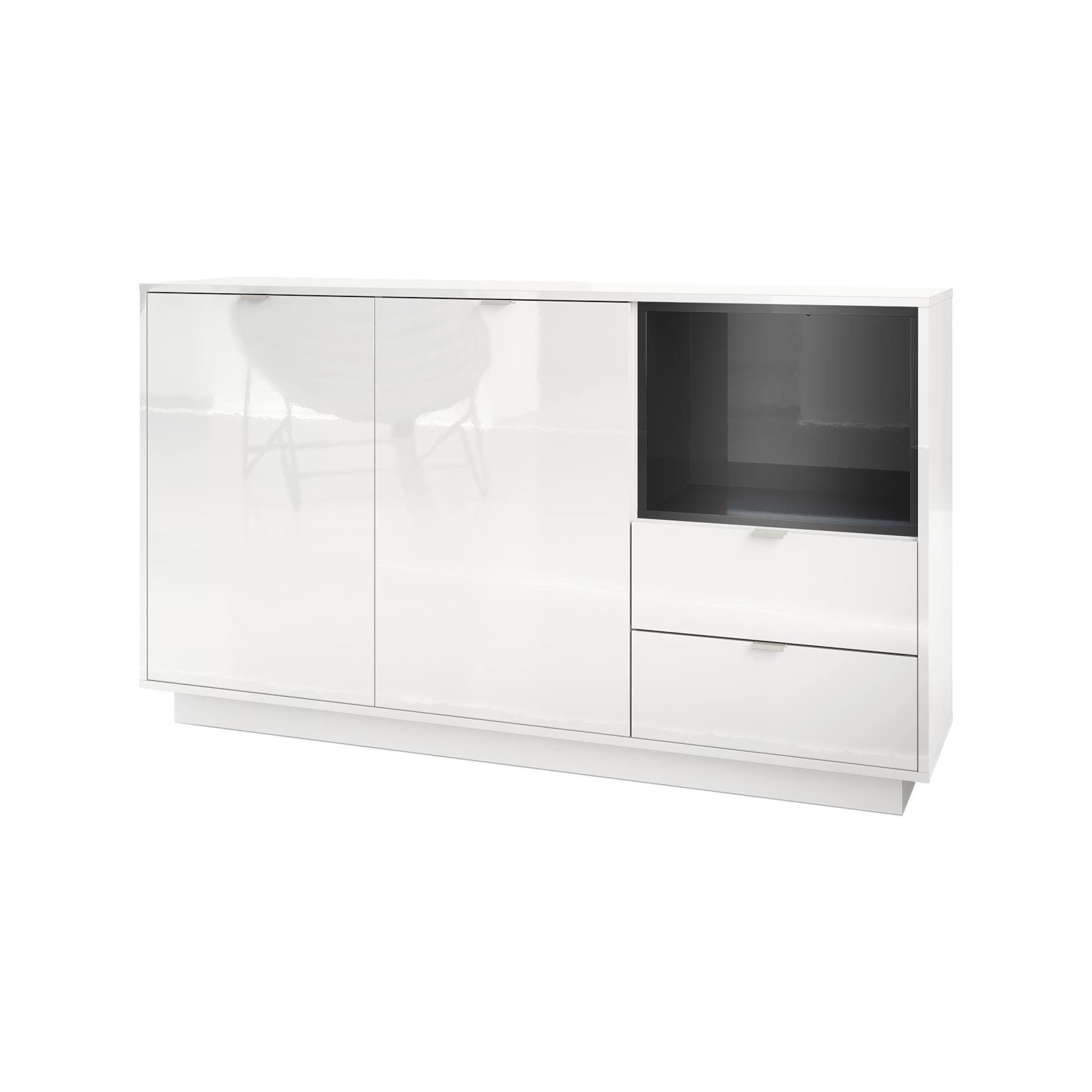 Vladon Sideboard Metro (Kommode, mit 2 Türen, 2 Schubladen und 1 offenem Fach), Weiß Hochglanz/Schwarz Hochglanz (153 x 88 x 38 cm)
