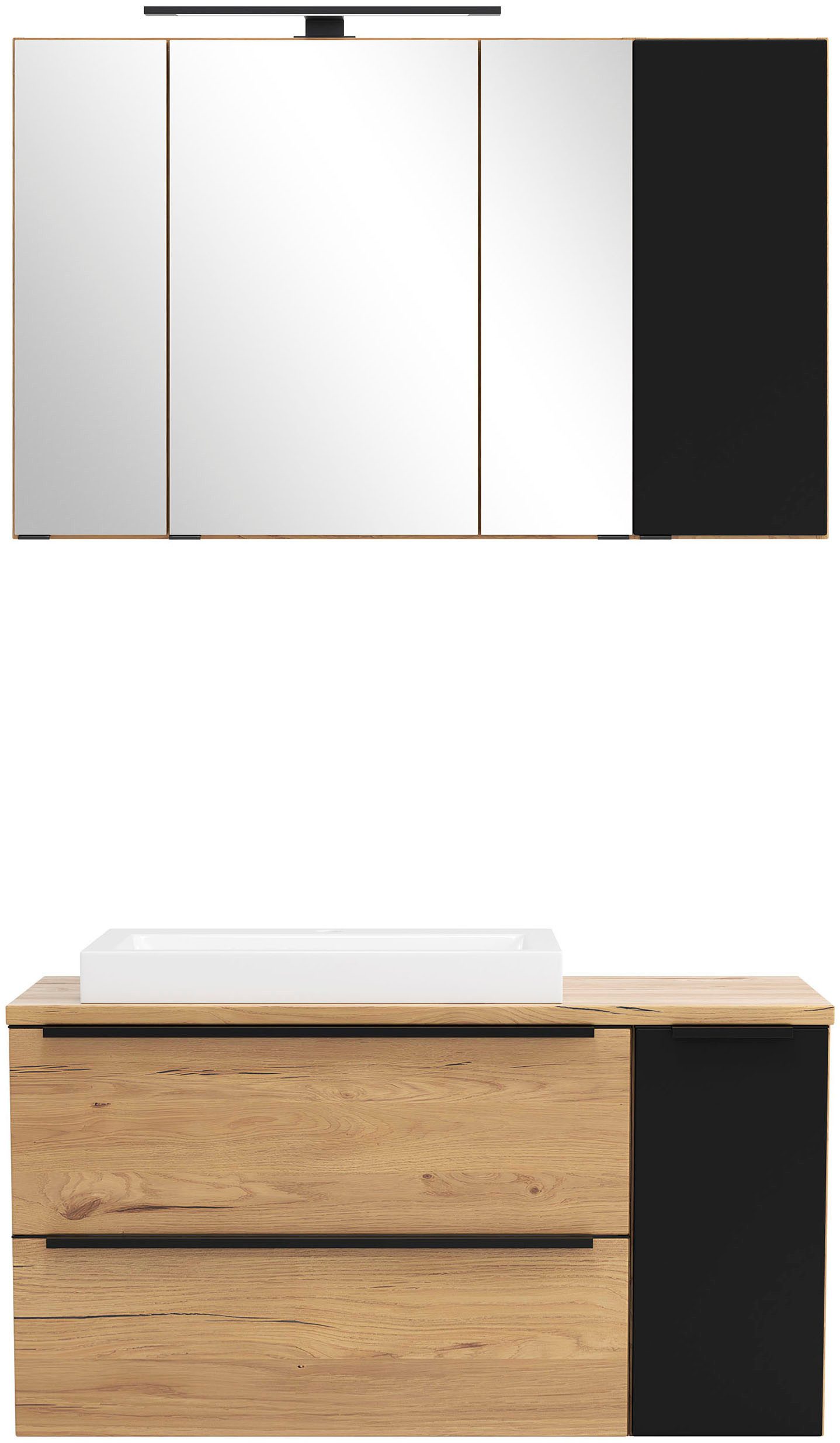 welltime Badmöbel-Set MAILAND, 2 Metall-Vollauszüge mit Softclose, (Maße (B/H/T): ca. 105/200/47 cm), Wildeiche/matt schwarz, LED-Aufbauleuchte, hochwertiges Keramikbecken