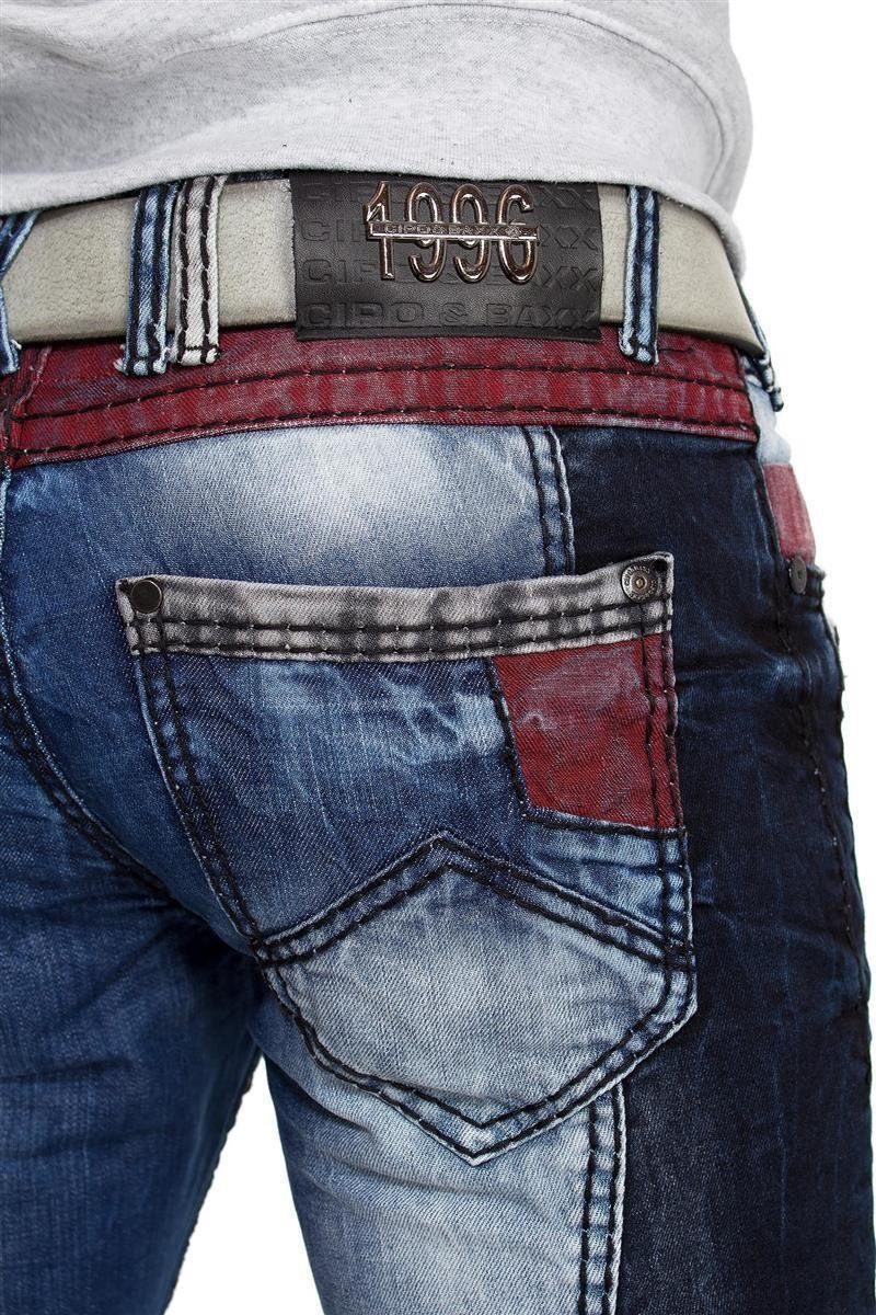 mit 5-Pocket-Jeans Bereichen Biker Hose farblich & Cipo BA-CD574 abgesetzten Baxx