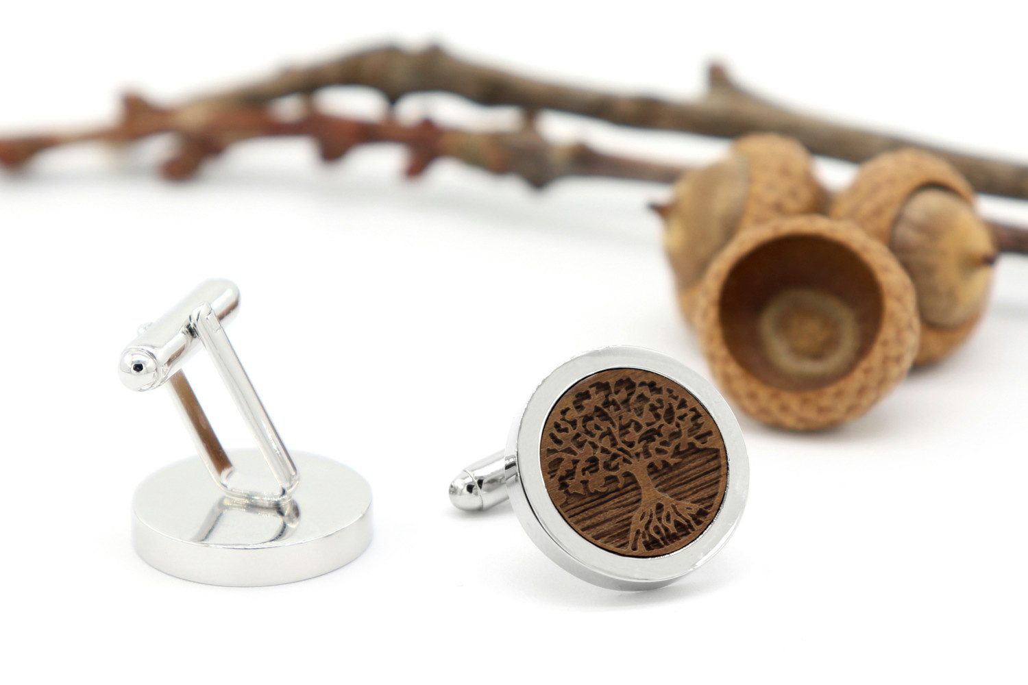 NaturSchatulle Manschettenknöpfe mit Gravur aus Holz und Edelstahl rund für Herren (schwarz/ silber rund, Anker, Lebensbaum, Hirsch Gravur), Cufflinks zur Hochzeit, Anzug, HandMade in Germany, Echtholz