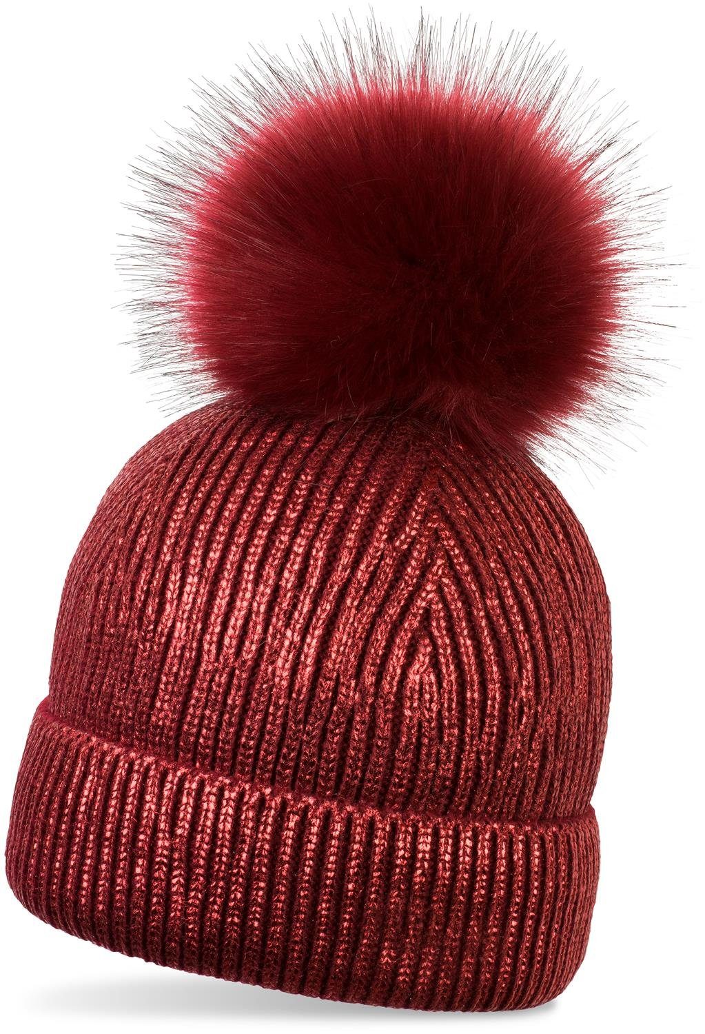 Bommelmütze Bommelmütze (1-St) Winter styleBREAKER Bordeaux-Rot Metallic Strick