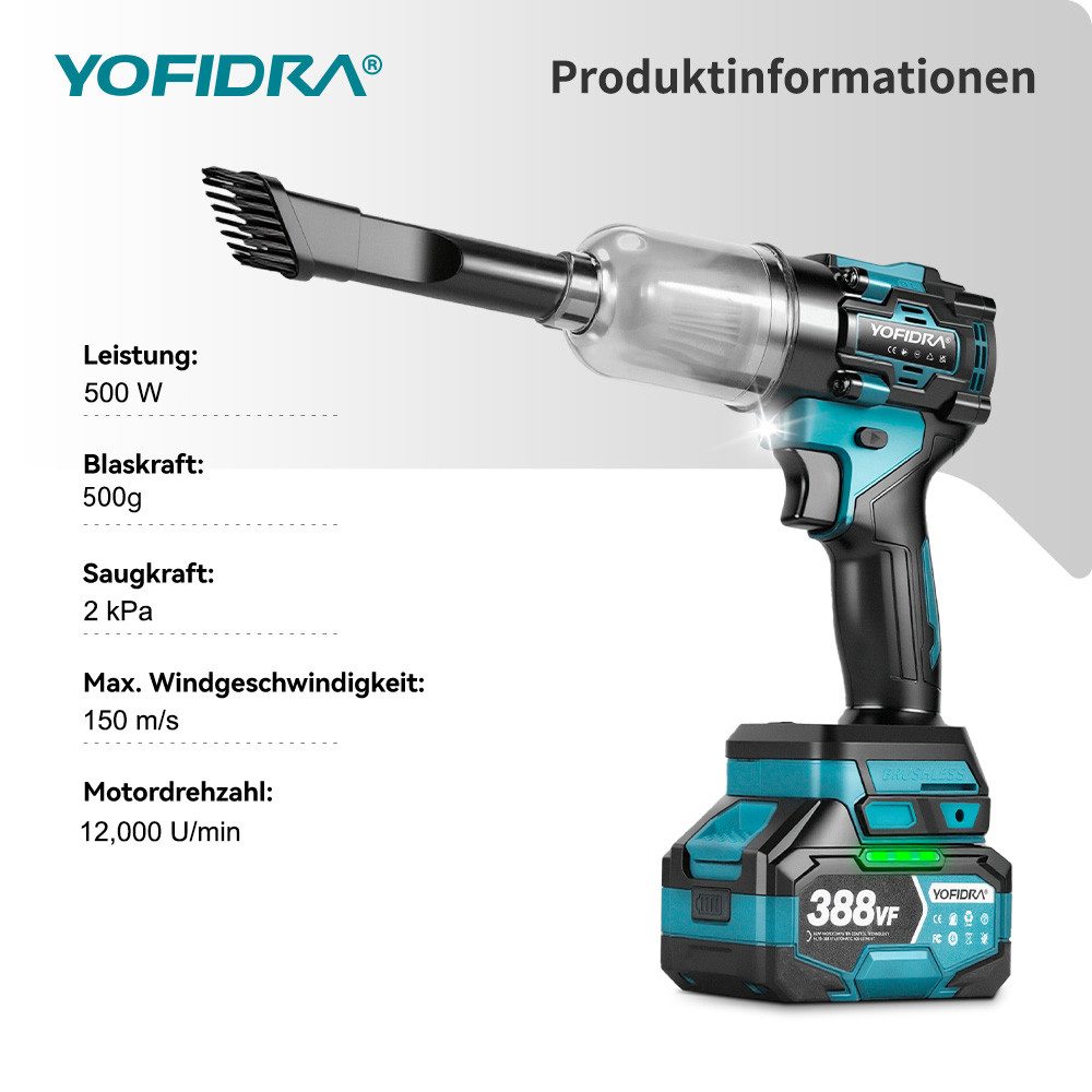 Yofidra Akku-Gebläse 150 m/s Elektrische Staubgebläse & Staubsauger mit 2 x Akkus, (inkl. Akku und Ladegerät), Handstaubsauger für PC, Tastatur, Haus- und Autoreinigung