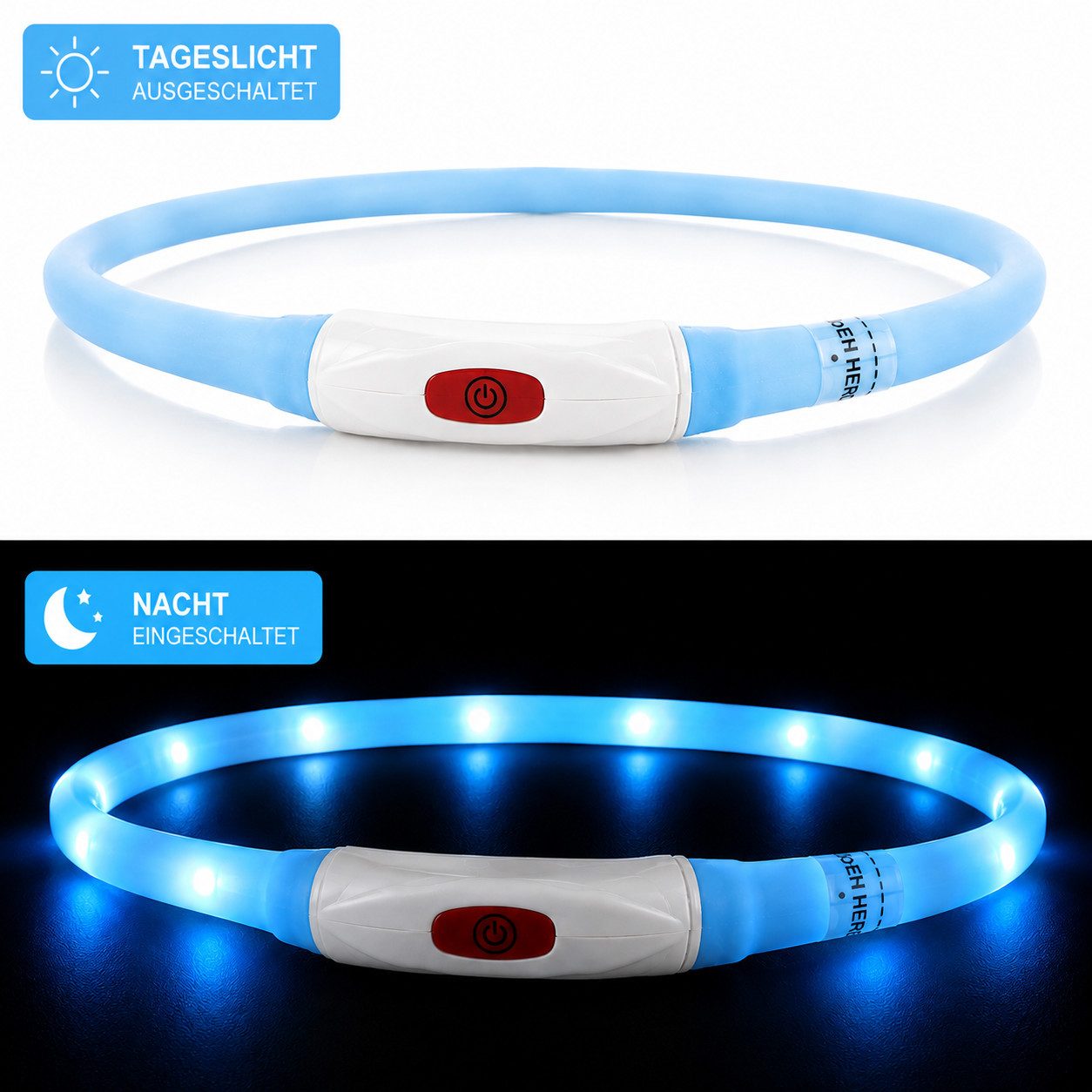 FroShop Hundehalsbandleuchte Premium LED Hundehalsband aufladbar (Gr. S/M/L 45cm - 70cm) kürzbar, LED fest integriert, Verschiedene Farben, Leuchthalsband leuchtend USB-C für Hunde Nacht inkl. Ladekabel