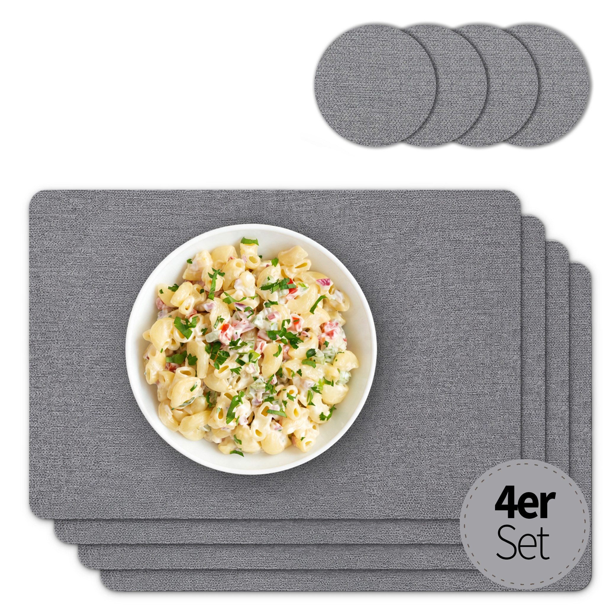 matches21 HOME & HOBBY Platzset Tischsets mit Glasuntersetzer 4er Set Grau Leinen Stoff-Optik, (4-St), Abwaschbare hitzebeständige PVC Platzsets