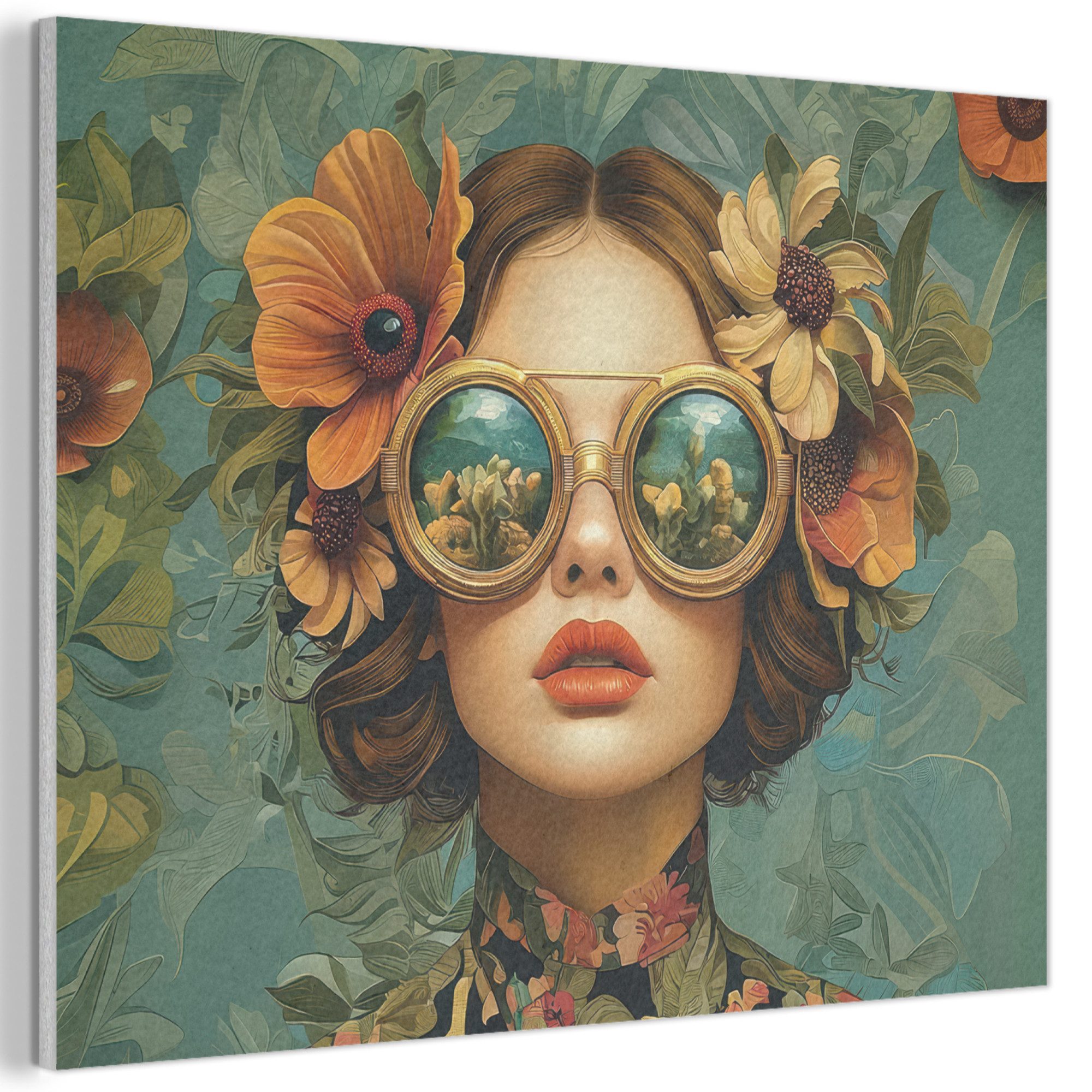 MuchoWow Gemälde Frau - Blumen - Schmetterlinge - Natur - Vintage, Fotodruck (1 St), Akustikpaneele PET-Filz, Akustikbild, Schalldämmung, Deko 40x30 cm