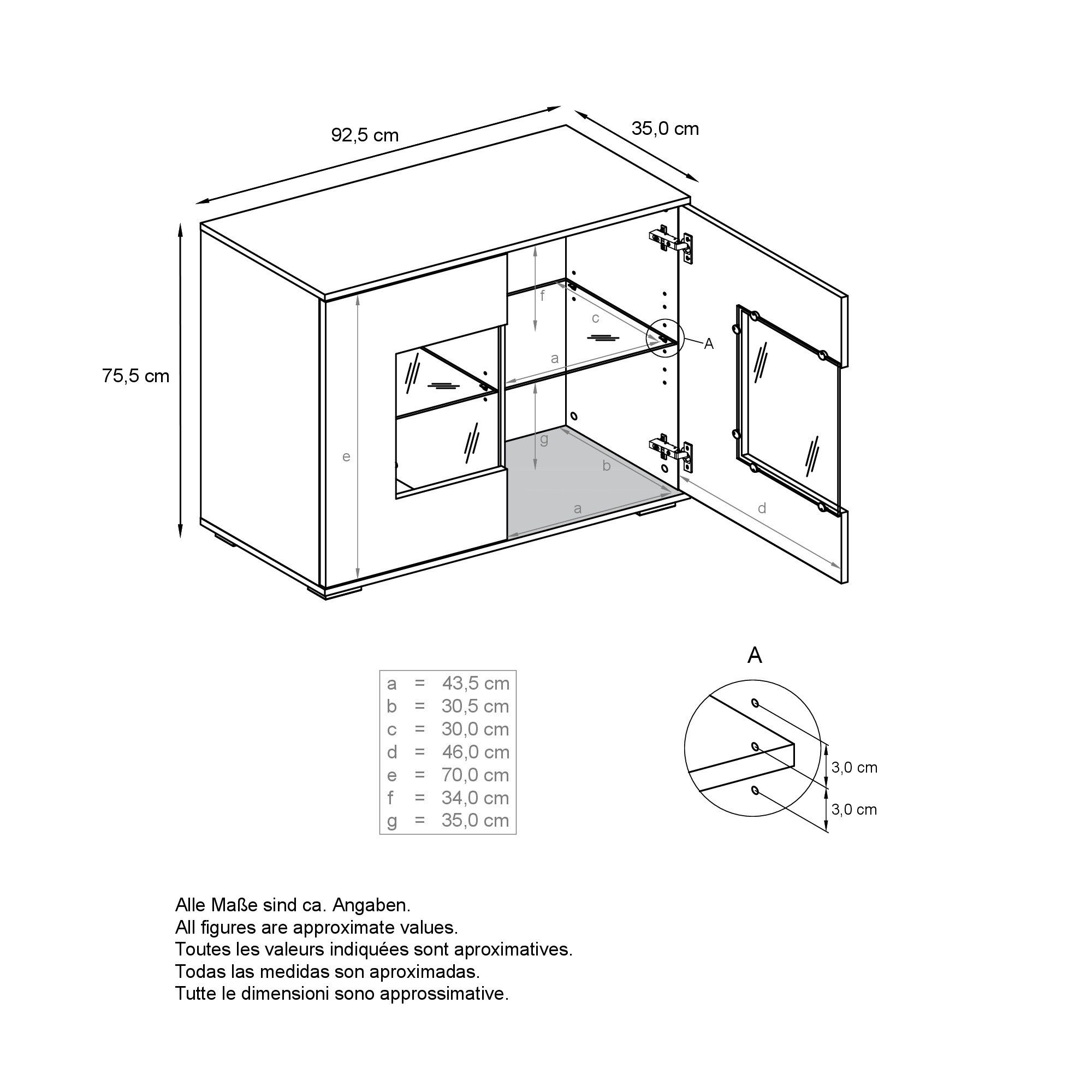 Vladon Kommode Grömitz V3 (Moderner Küchenschrank, mit 2 großen Glastüren), Weiß matt / Eiche Natur (92,5 x 75.5 x 35)