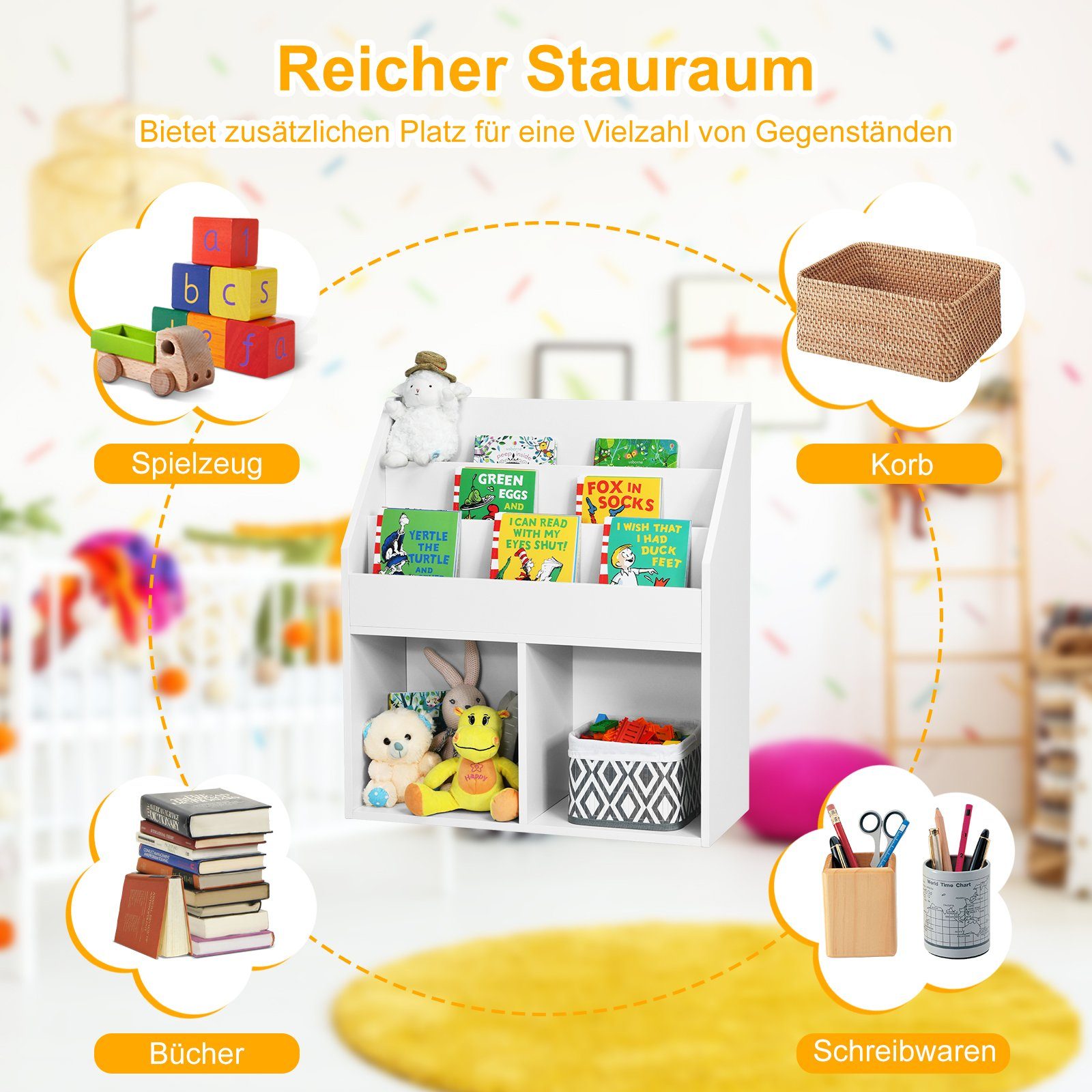 COSTWAY Bücherregal, Kinder, mit Fächern & 2 Ablagen, Holz, 70x30x80cm, weiß