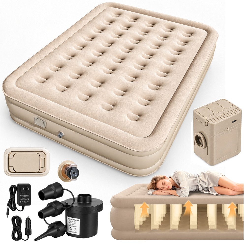LEAN TOYS Luftbett Gästebett Luftmatratze Reisebett, (Spar-Set, 1-tlg., 198 x 152 cm beflockt), integrierte Akkupumpe, USB-C, beflockte Oberseite