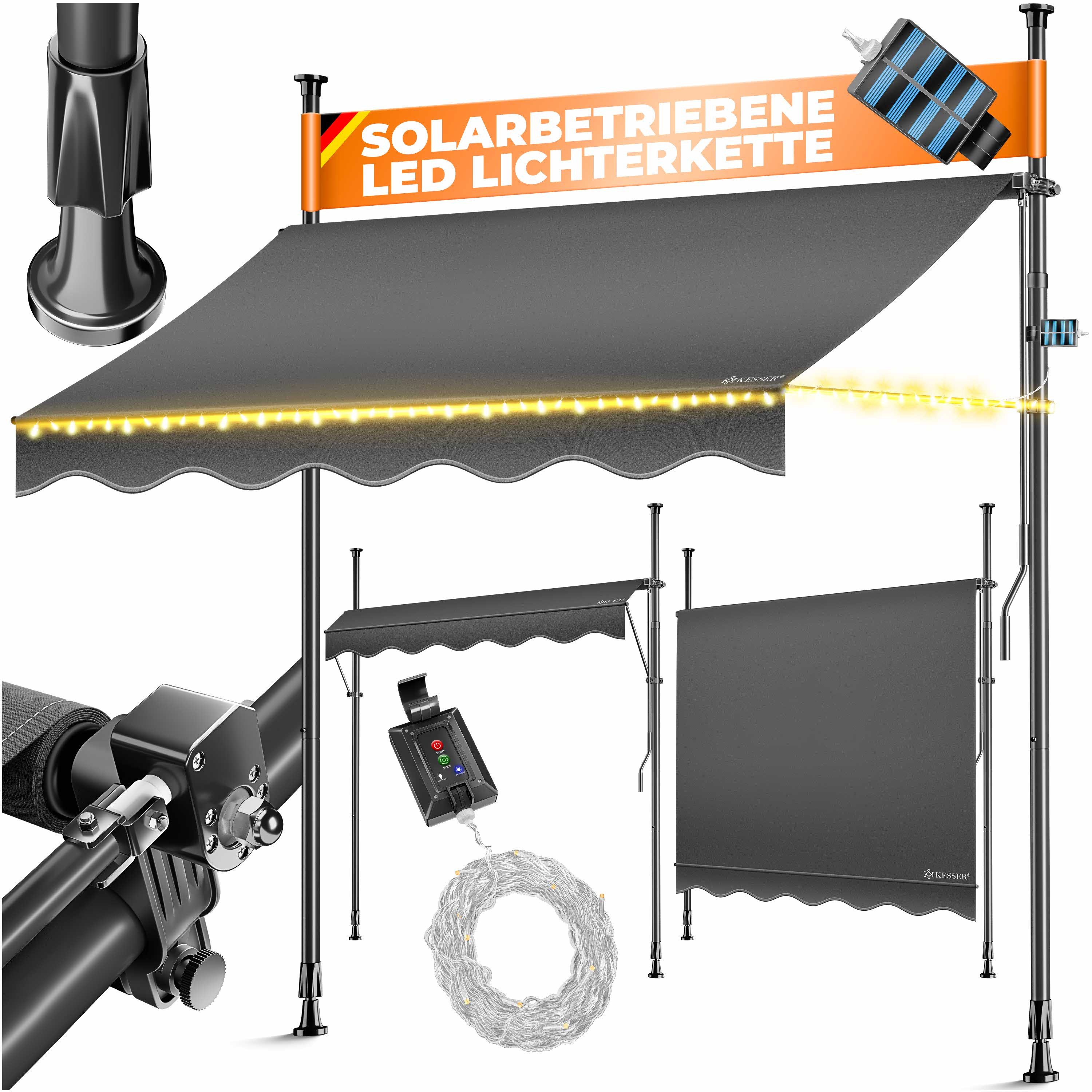 KESSER Klemmmarkise mit Handkurbel & LED, 150x180cm Balkonmarkise ohne Bohren UV-Beständig (Markise + solarbetriebene LED Lichterkette, höhenverstellbar 176-305cm) Sicht- & Sonnenschutz für Balkon Terrasse & Garten, wasserabweisend