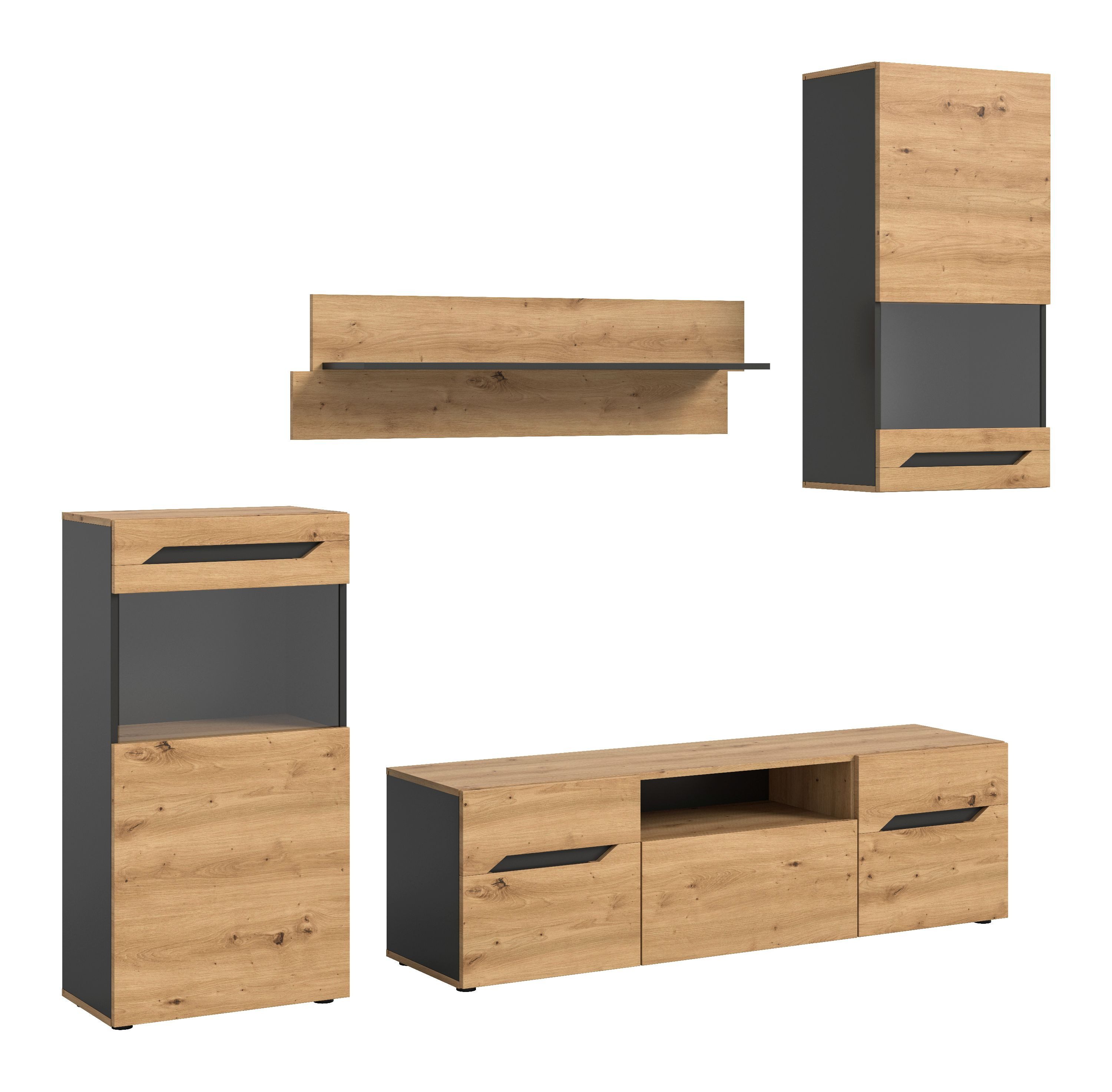 xonox.home Wohnwand Caserta, (4tlg. Set inkl. Vitrine, Wandboard, Lowboard), Basalt grau Nachbildung modern 253x196x40 cm