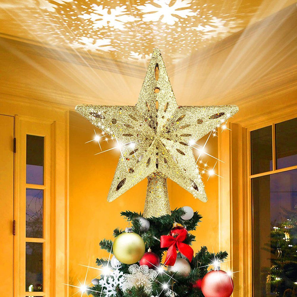 Rosnek LED Nachtlicht Weihnachtsbaumspitze Stern LED Projektion,Schneeflocke 3D Lichteffekte, Christbaumschmuck Gold
