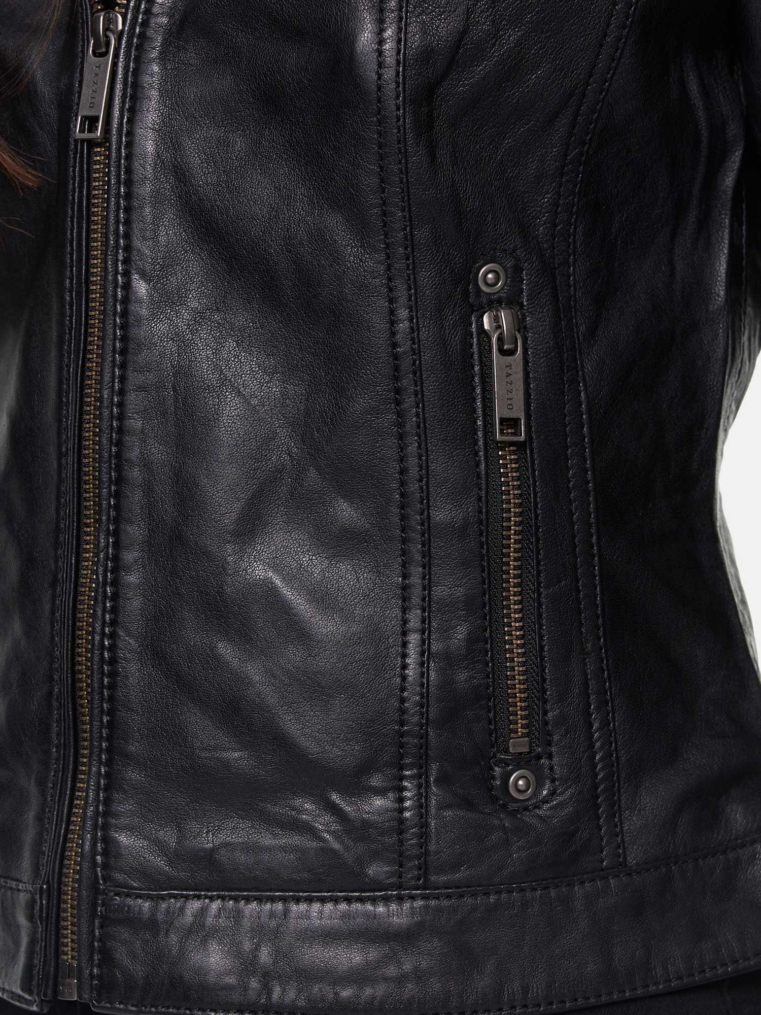 schwarz Tazzio Kapuze Lederjacke Leder mit abnehmbarer Jacke F503 Damen im Biker Look