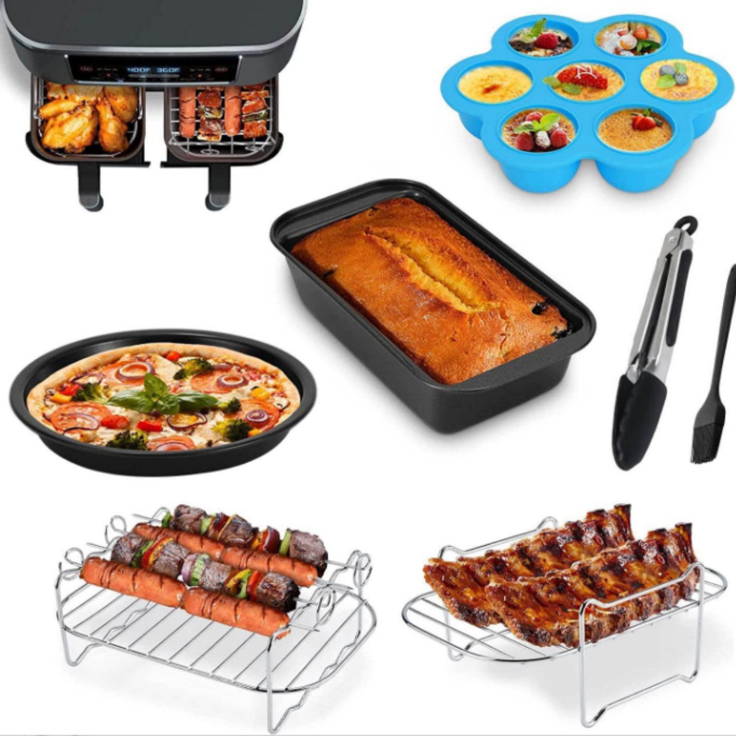 BlingBin Küchenmaschinen Zubehör-Set Doppelkammer Heißluftfritteuse Zubehör für Ninja Foodi AF300EU,AF400EU, Doppel Airfryer Zubehör XL