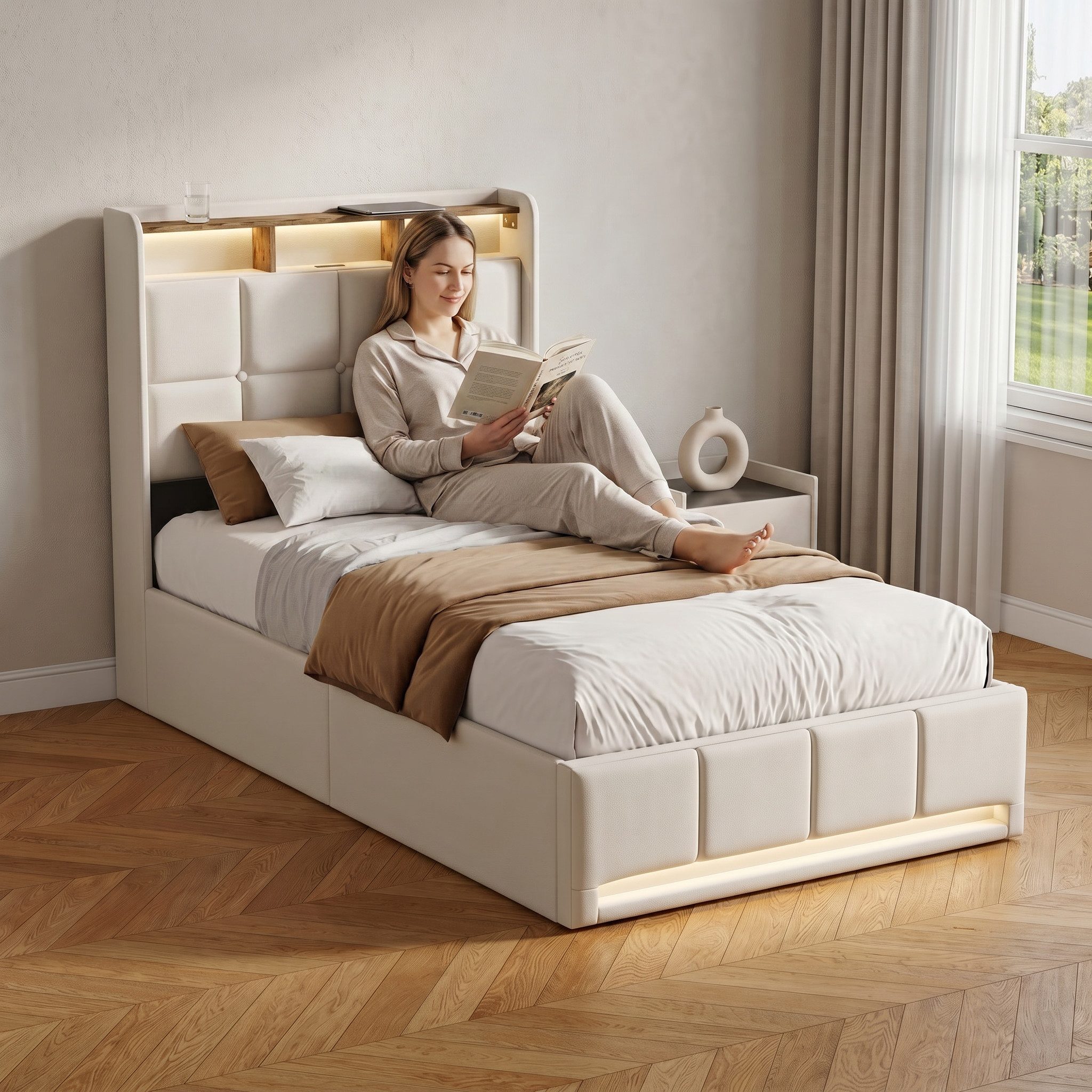 Furnishings Home Polsterbett LED Doppelbett 140x200 cm, Stauraumbett mit Kopfteil und 4 Schubladen (Leinenmaterial Polsterbett mit RGB Beleuchtung), mit Lattenrost und Ladefunktion, mit Komforthöhe, Leises Design Bett