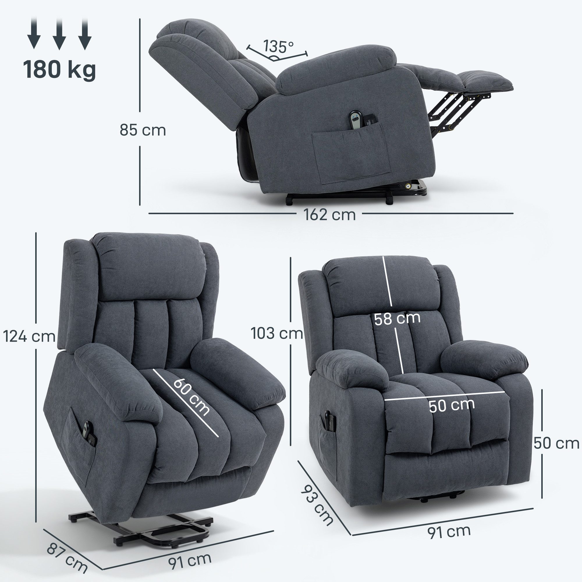 HOMCOM Relaxsessel Massagesessel TV-Sessel mit Liegefunktion, Massagefunktion (Fernsehsessel mit Aufstehhilfe, 1-St., Elektrisch Relaxsessel), mit Fernbedienung, Seitentasche, Fußteil, Leinenoptik, Dunkelgrau