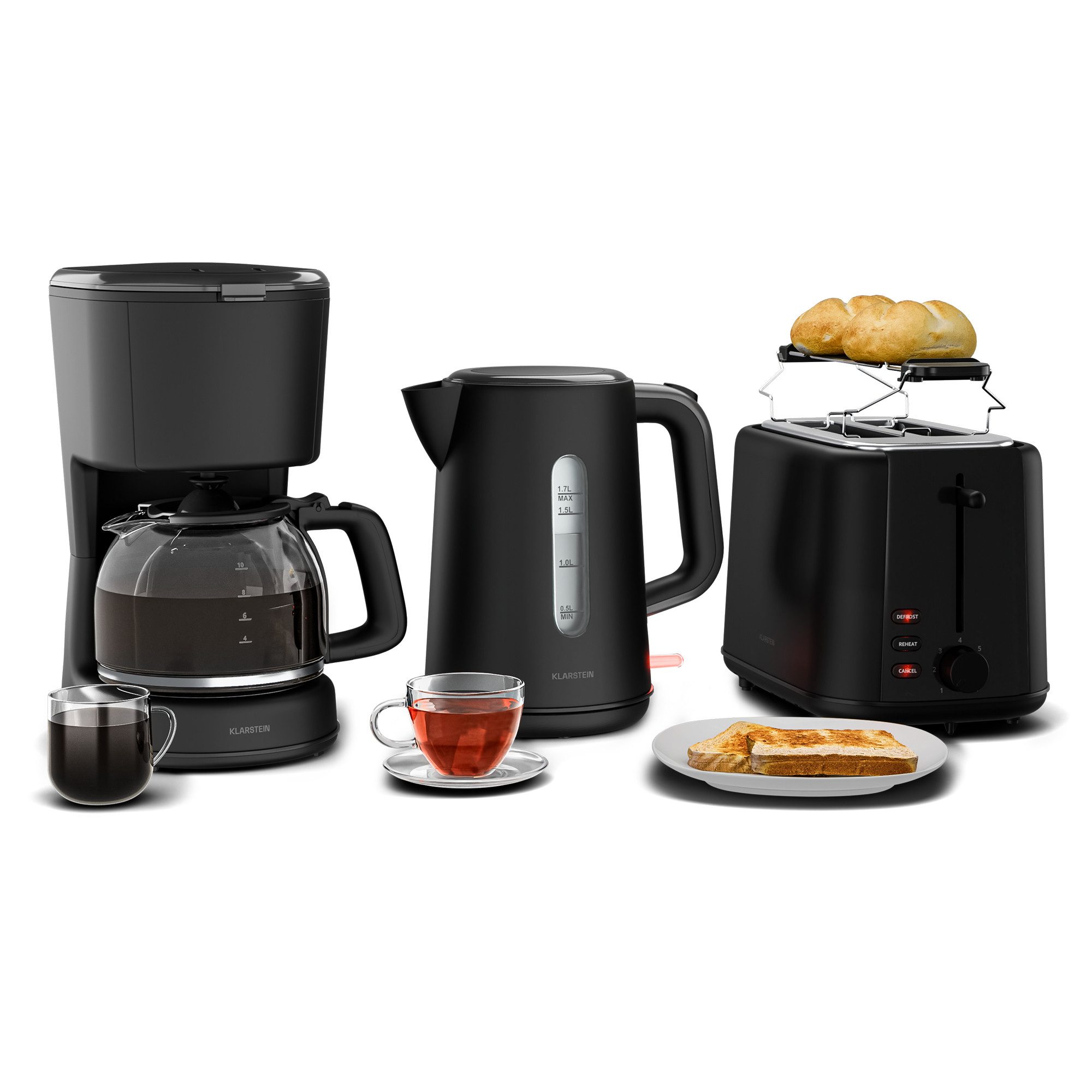Klarstein Frühstücks-Set Velaire (3-tlg), Toaster 800W Wasserkocher 1,7 L 2200W Kaffeemaschinen 900W Schwarz