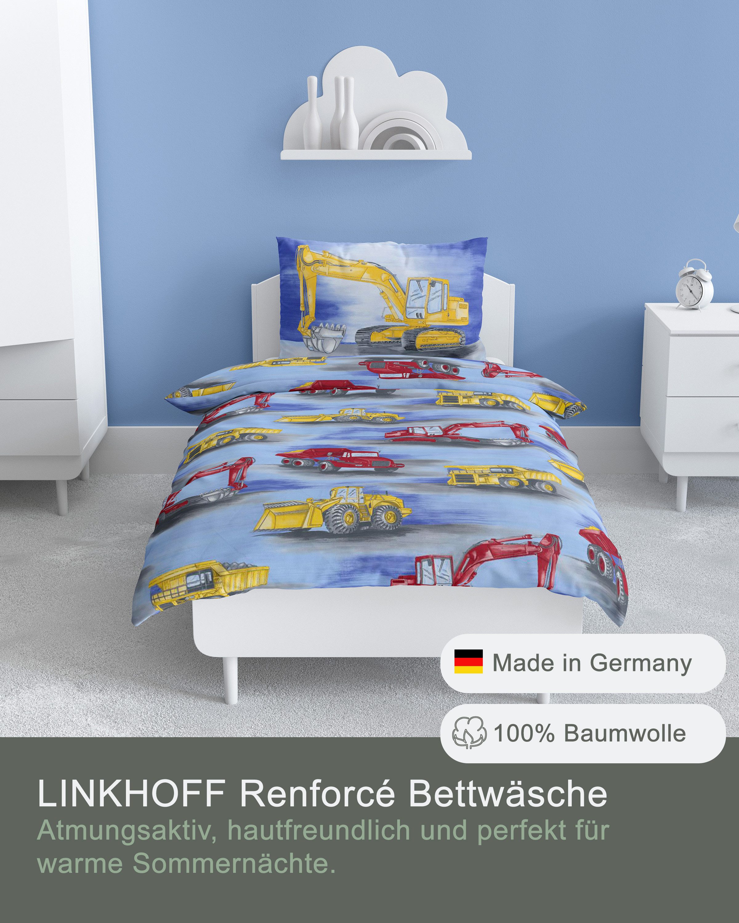 LINKHOFF Kinderbettwäsche Bagger Bettwäsche 135x200 2tlg. - Kinder Bettwäsche Junge, Bügelfrei, Atmungsaktiv, Renforce-Bettwäsche, 100% Baumwolle – Bild 4 von 5