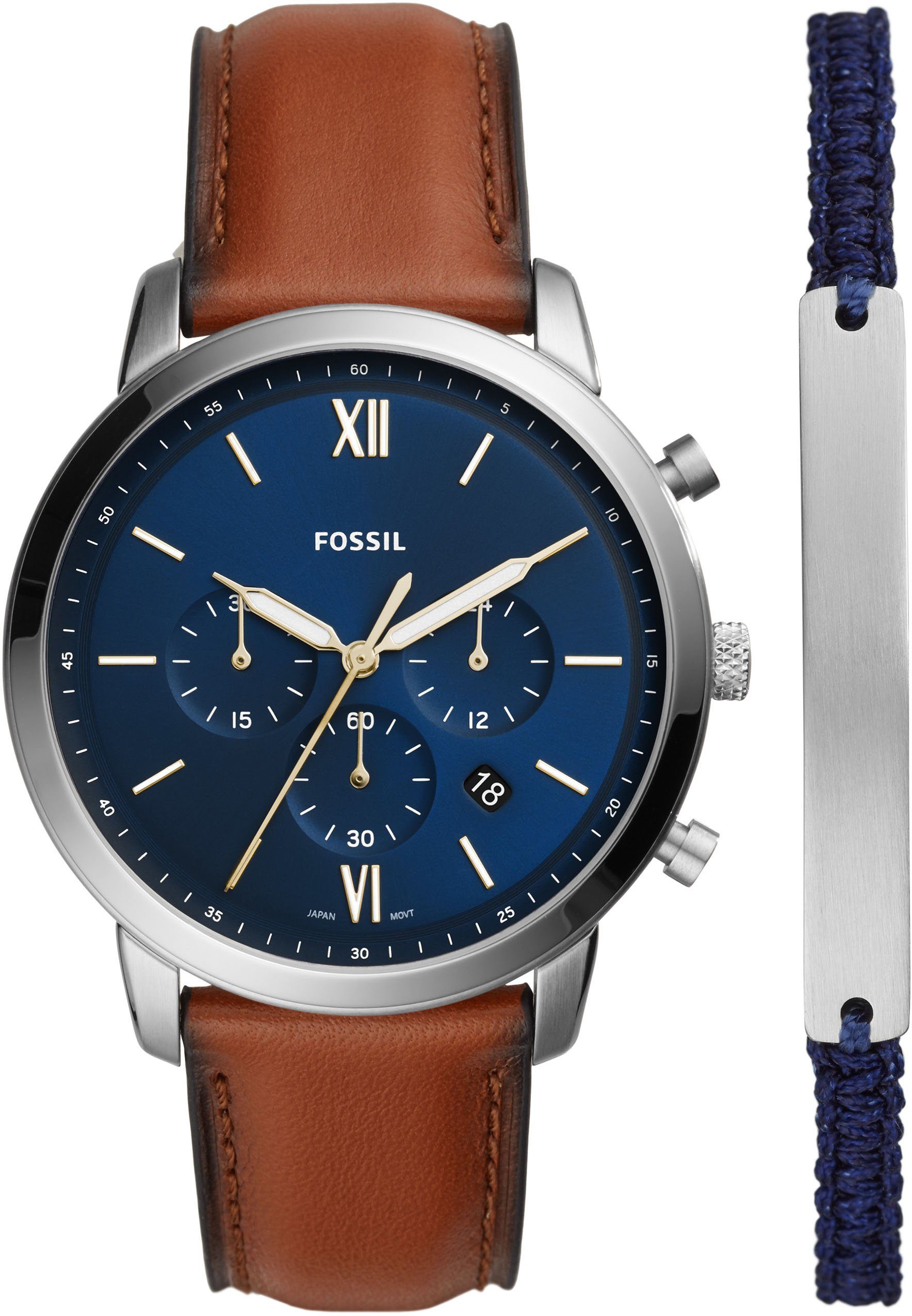 Fossil Chronograph zusätzlichem NEUTRA mit 2-tlg., Stoffarmband), ideal Uhr als FS5708SET, Geschenk auch (Set, CHRONO