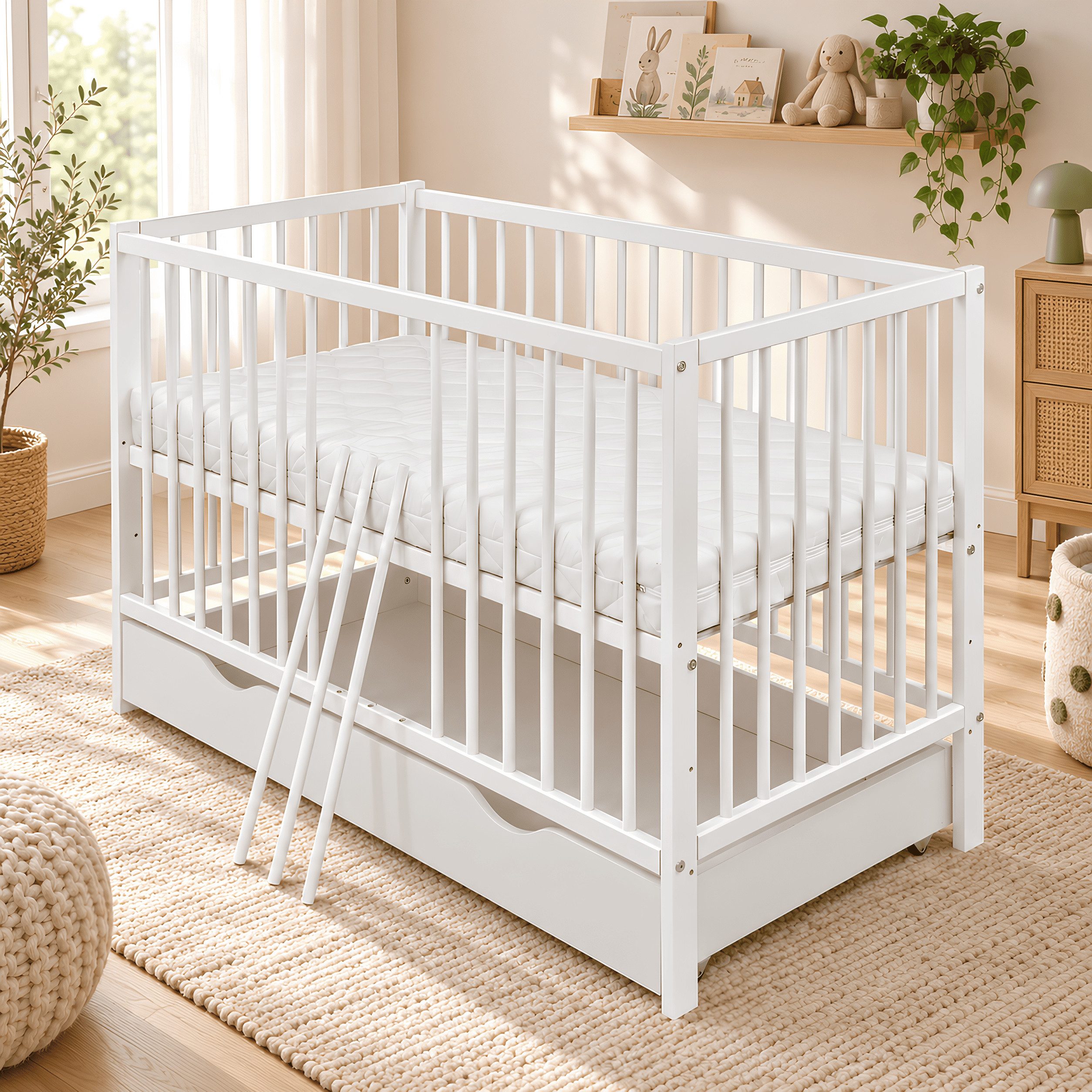 Baby-Delux Babybett Milo Bettkasten Schutzgitter, Kinderbett 60x120 cm weiß Schublade Barriere Kiefer Matratze