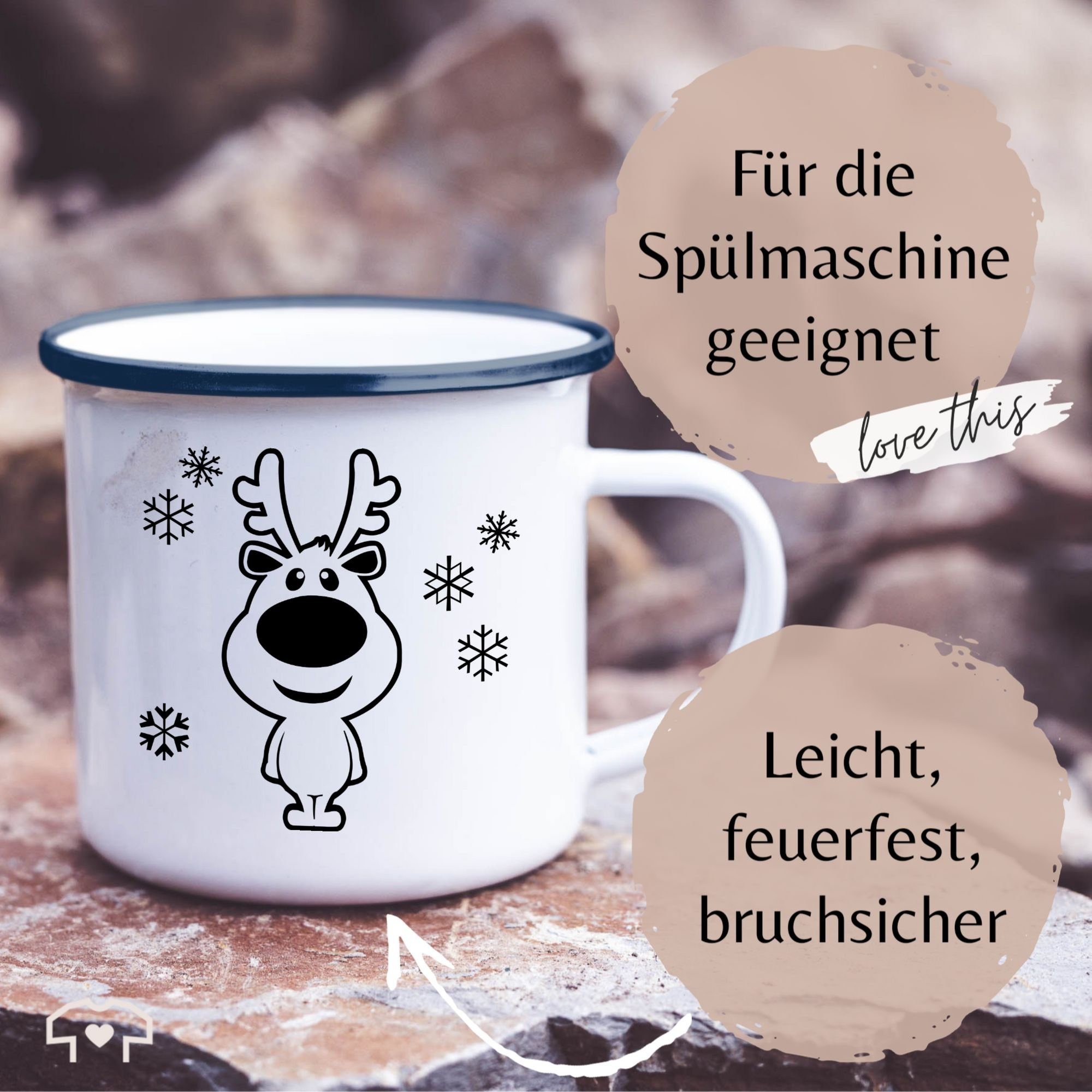 3 Weihnachtstasse schwarz, Shirtracer Tasse Schneeflocken Stahlblech, Weiß Blau Rentier