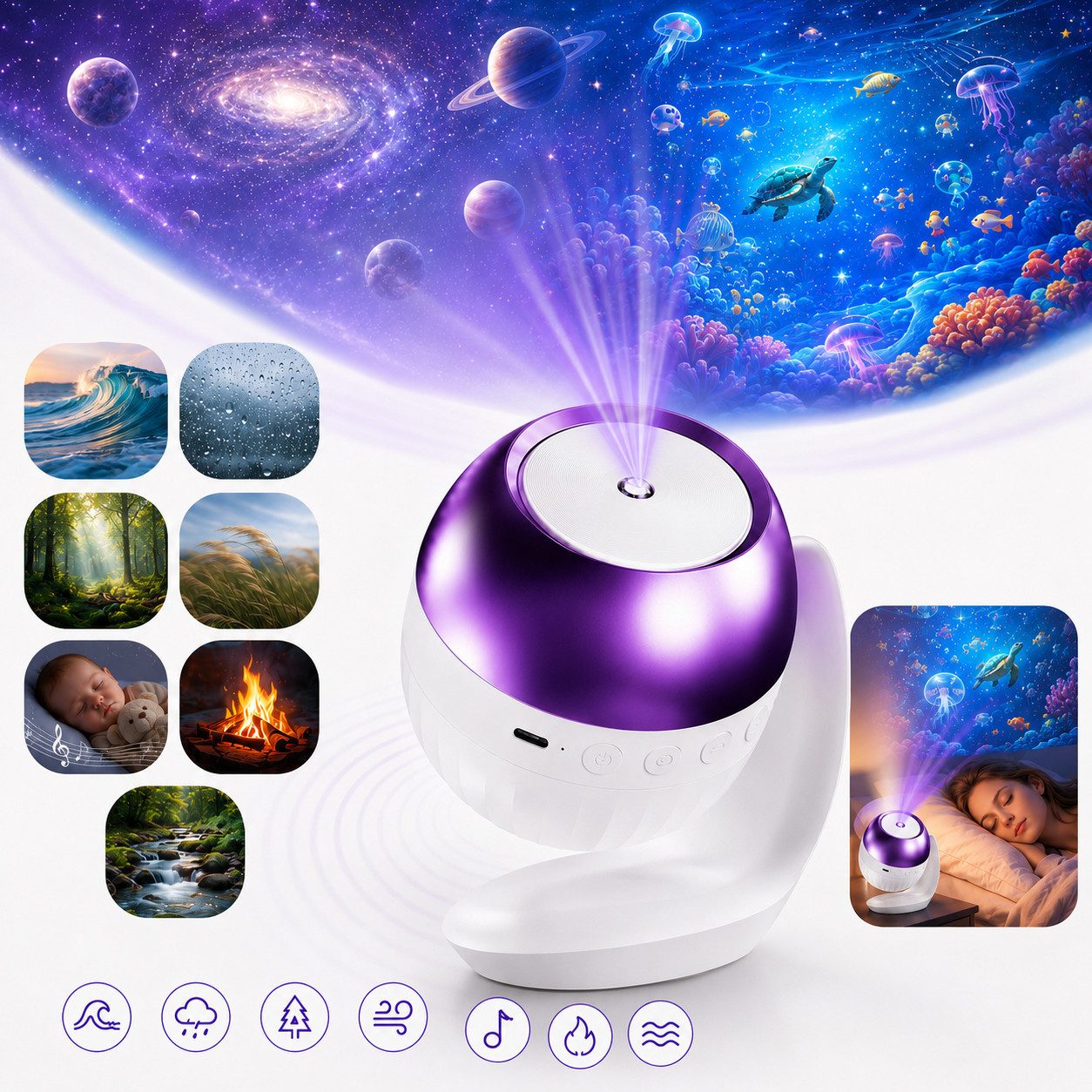 ibettertec Projektionslampe Sternenhimmel Projektor Projektionslampe mit 24 Motiven, 4 Themenwelten, 7 beruhigenden Klängen, 60/90-Min.-Timer, USB-C, verstellbar