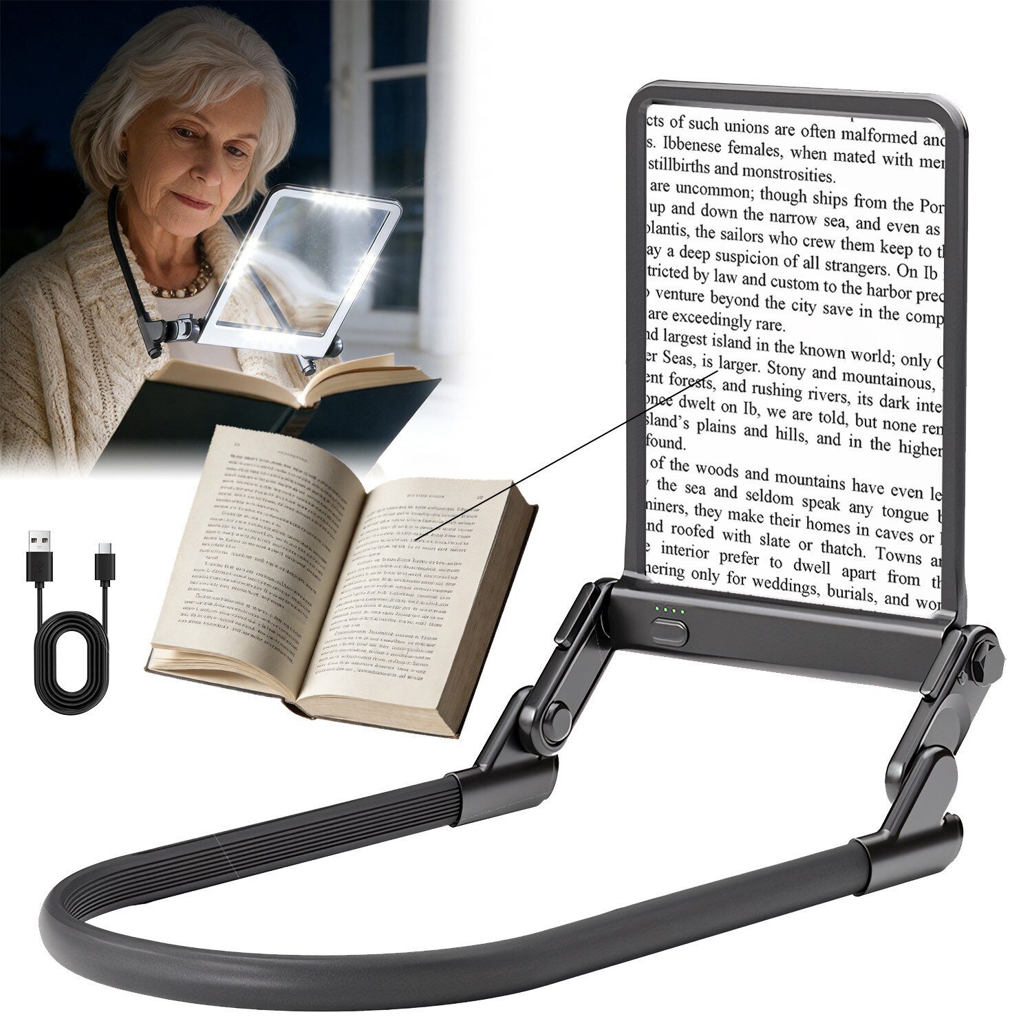 QUBEBU Umhängelupe 5X LED Leselupe 3in1 Lupe Hängenden Hals Standlupe Tischlupe Handlupe, Wiederaufladbar Hands Free Lupe mit 3Beleuchtungsmodi für Bücher Nähen, 1-tlg., Tragbar HD Lupe für das Lesen von kleinen Drucke & Low Vision Senioren, Dimmbare Lese
