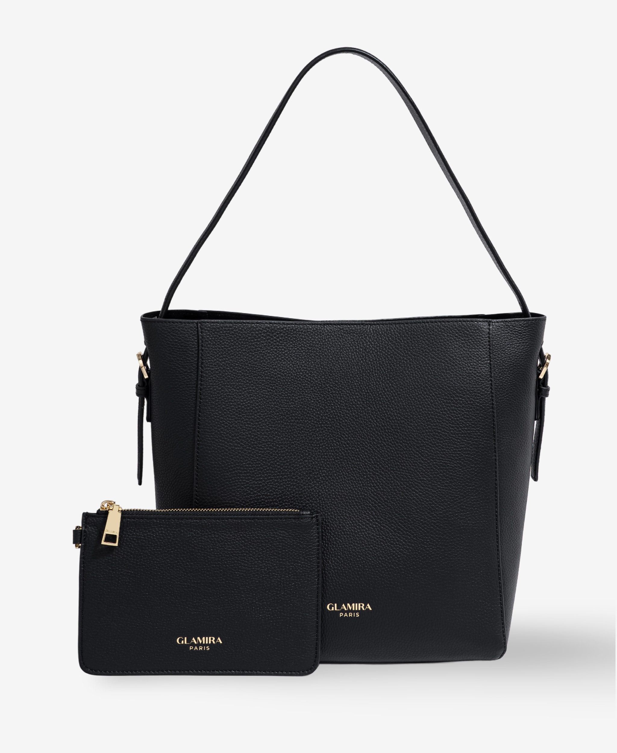 GLAMIRA Schultertasche Lysandra Schwarze Schultertasche (Set, 2-tlg., mit Geldbörse), echt Leder, mit geräumigem Hauptfach