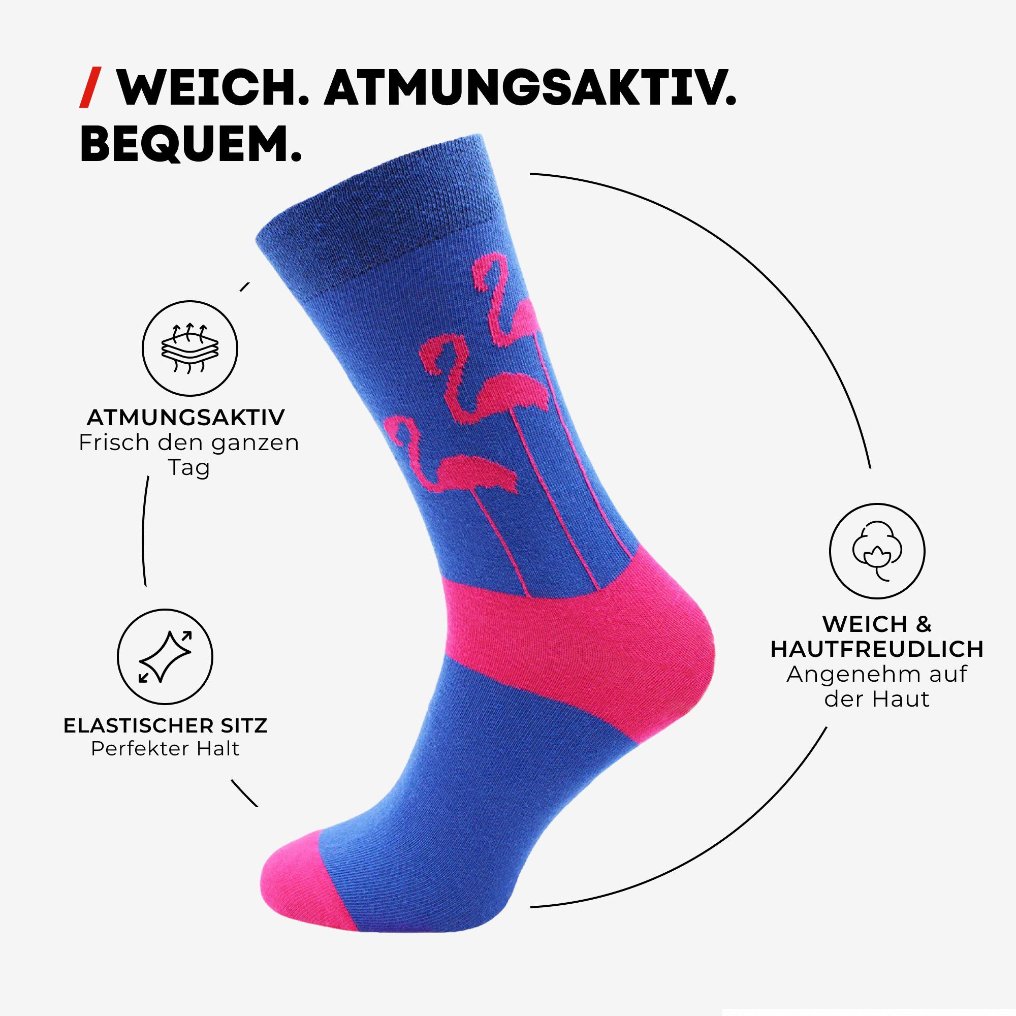 Chili Lifestyle Freizeitsocken FLAMINGO Lustige Socken mit Spruch Banderole als Geschenksocken (Paar, 1-Paar, Mit Spruchbanderole) Weichbund ohne Gummidruck