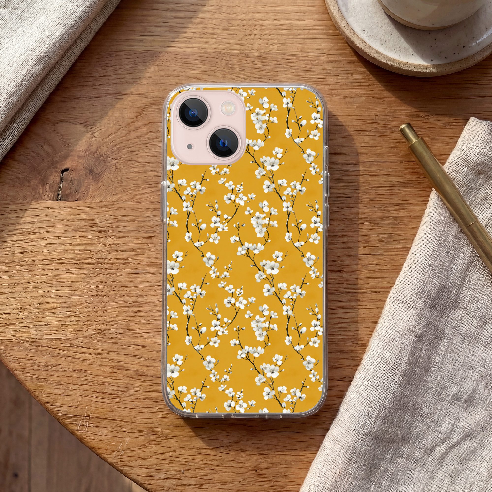 MuchoWow Handyhülle für Apple iPhone 13 Blütenzweig - Aquarell - Gelb, Smartphone-Bumper, Print, Handy Schutzhülle Dünn