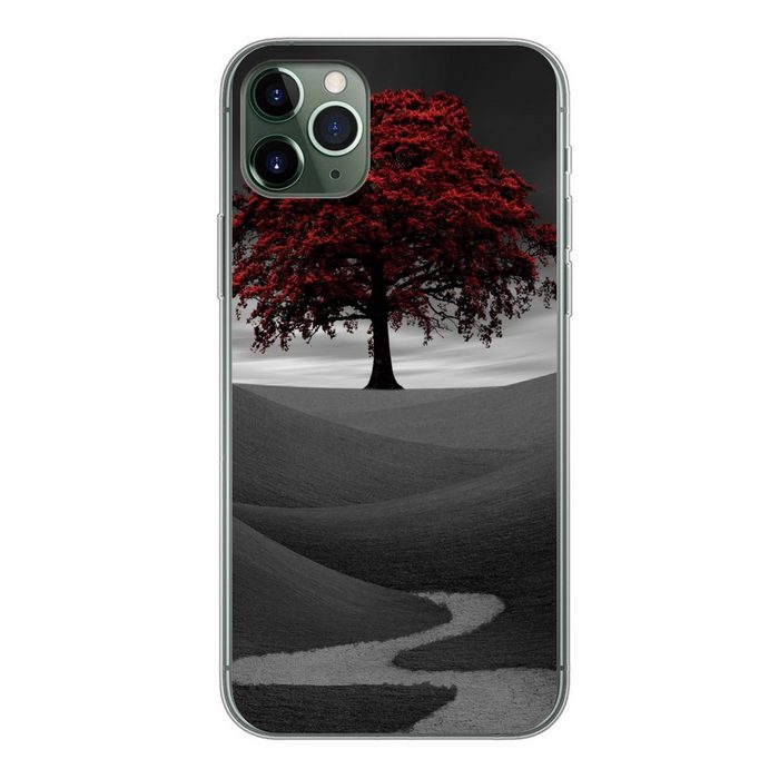 MuchoWow Handyhülle Schwarz-Weiß-Foto mit einem roten Baum Handyhülle Apple iPhone 11 Pro Max Smartphone-Bumper Print Handy