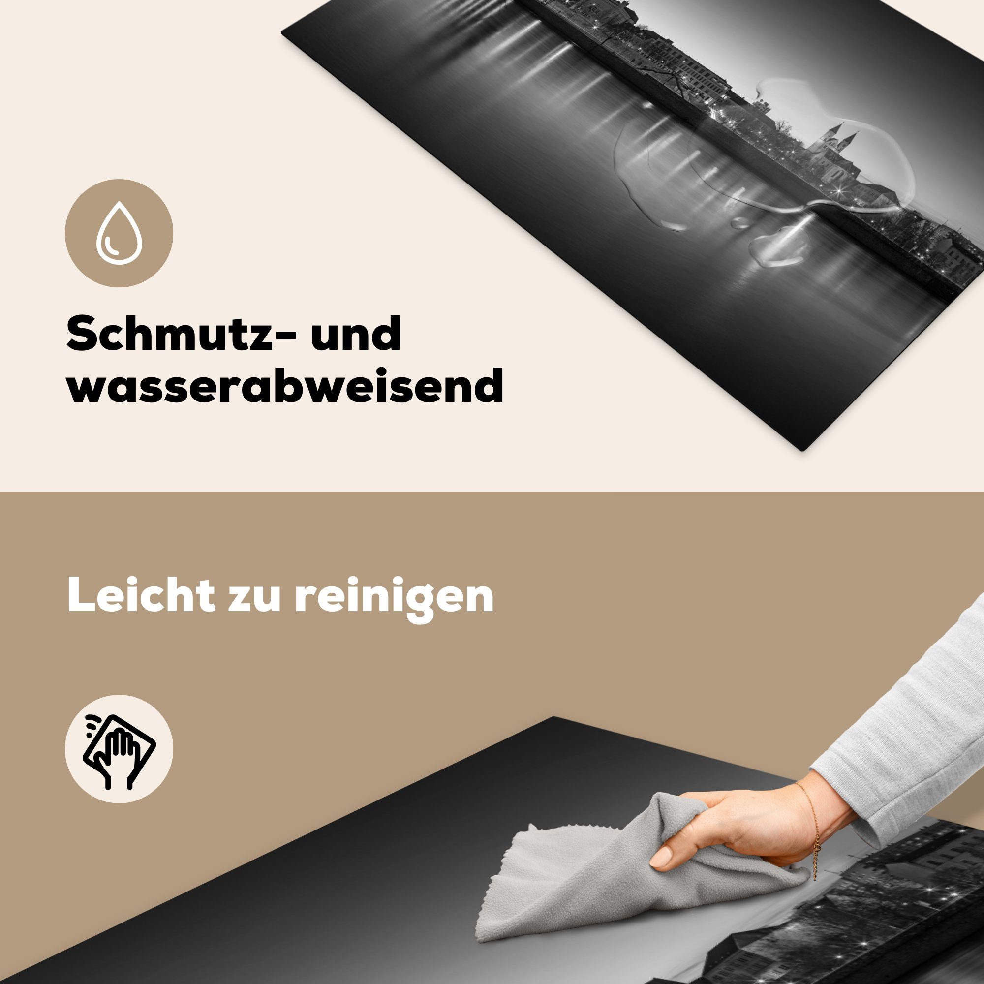 MuchoWow Herdblende-/Abdeckplatte Schwarz-Weiß-Panorama von Deutschland, 83x51 Vinyl, Ceranfeldabdeckung, Magdeburg Arbeitsplatte cm, in (1 tlg), küche für