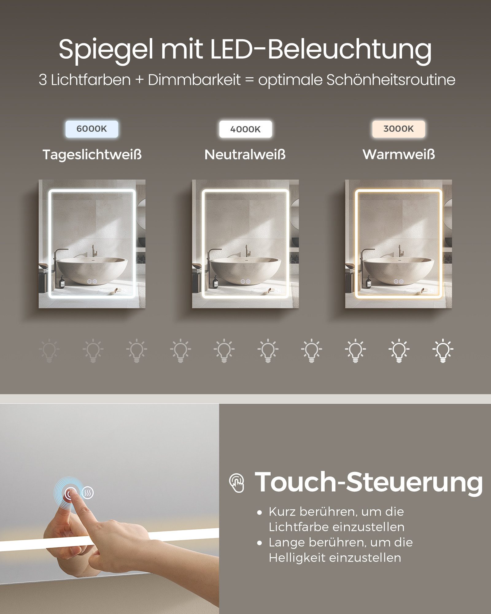 VASAGLE Spiegelschrank Badezimmerschrank mit LED, Vergrößerungsspiegel, Breite 50-80cm, Steckdosenleiste