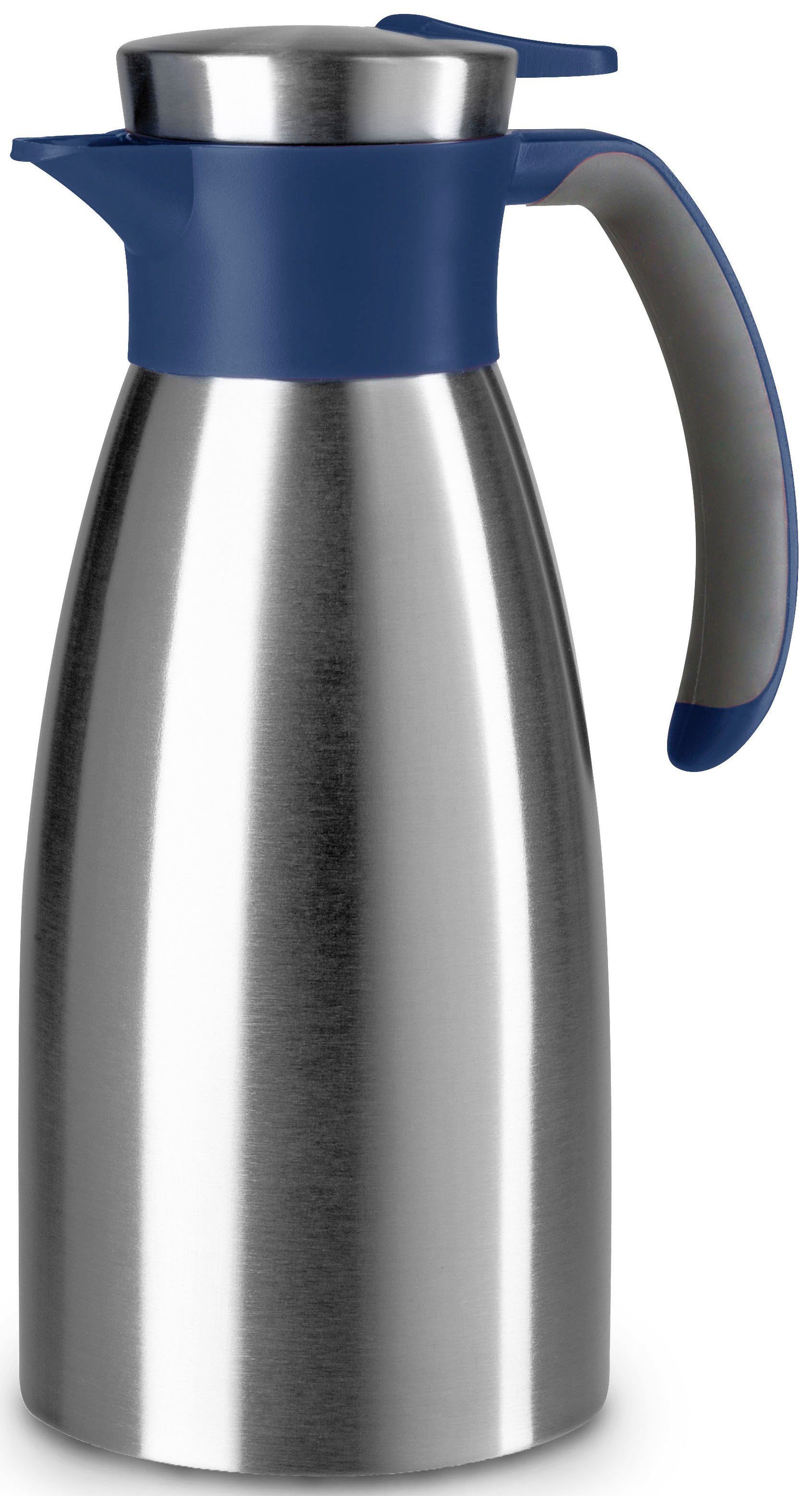 Emsa Isolierkanne Soft Grip, 12 l, kalt 1 Quick h 24 Tip h Verschluss, heiß, Halt, Edelstahl/Blau rutschfester