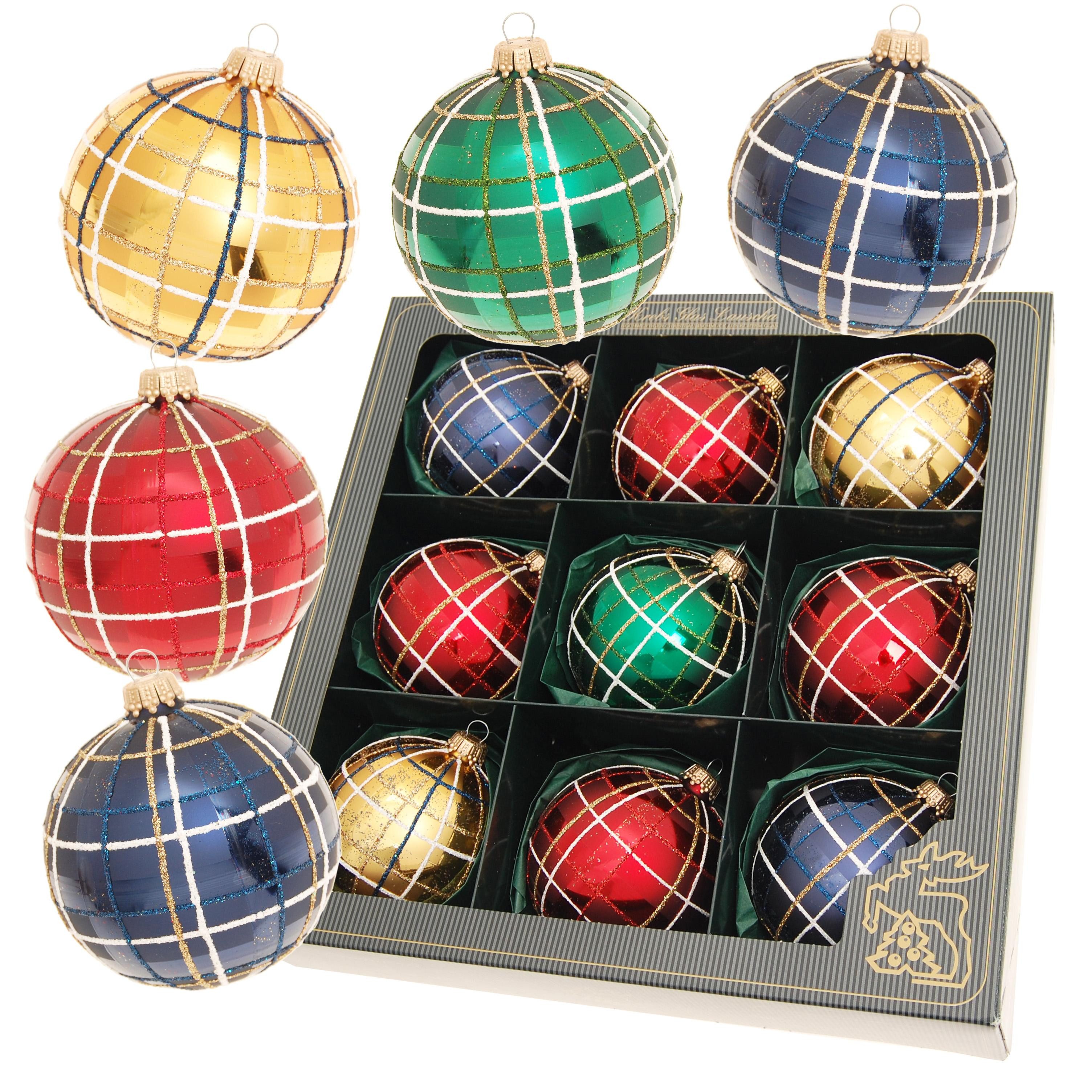 Krebs Glas Lauscha Weihnachtsbaumkugel 9er Set - Bunt mit Karo-Muster - ca. 8cm - aus Glas gefertigt, hochwertiges Kugelsortiment für eine festliche Weihnachtsdekoration