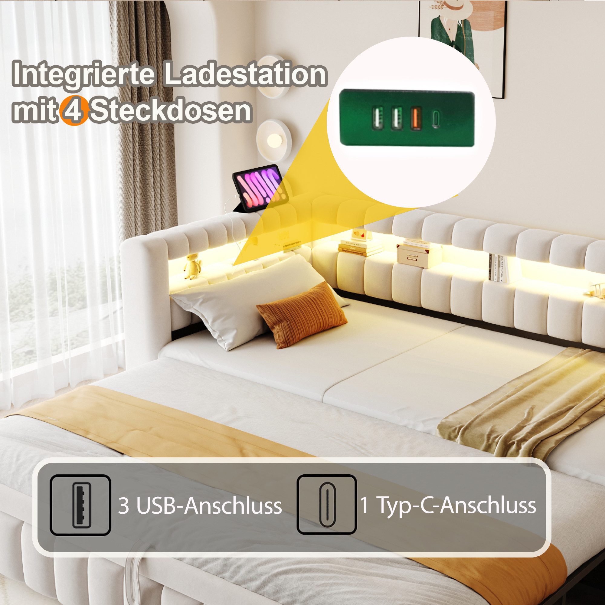 Merax Daybett mit LED-Beleuchtung und Ladeanschluss (Tagesbett Schlafsofa Sofabett Kinderbett, 1 tlg), Polsterbett 90x200cm mit Ausziehbett 90x190cm & Ablagefac – Bild 5 von 5