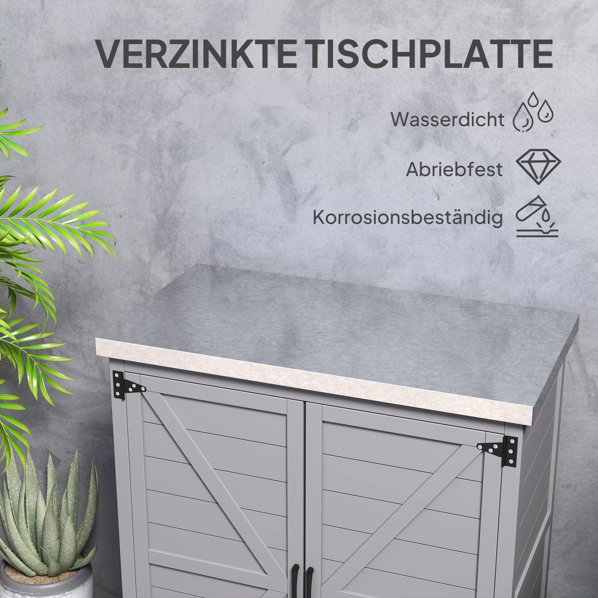 Outsunny Garten-Geräteschrank Outdoor wetterfest Aufbewahrungsschrank mit Arbeitsplatte Doppeltür, BxT: 79x43 cm, (Gartenschrank, 2 St., Pflanztisch mit Untersc – Bild 5 von 5