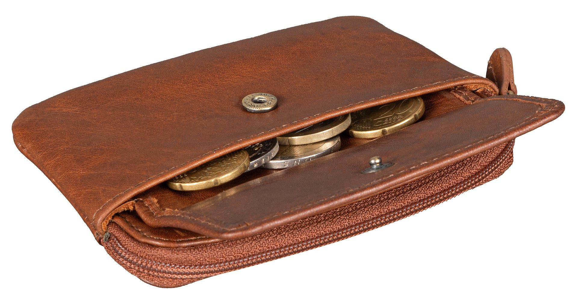 Benthill Schlüsseltasche Echt-Leder Schlüsseletui mit Reißverschlussfach Münzbörse Kartenfächer Kartenfach Kleingeldfach, mit Münzfach - Braun