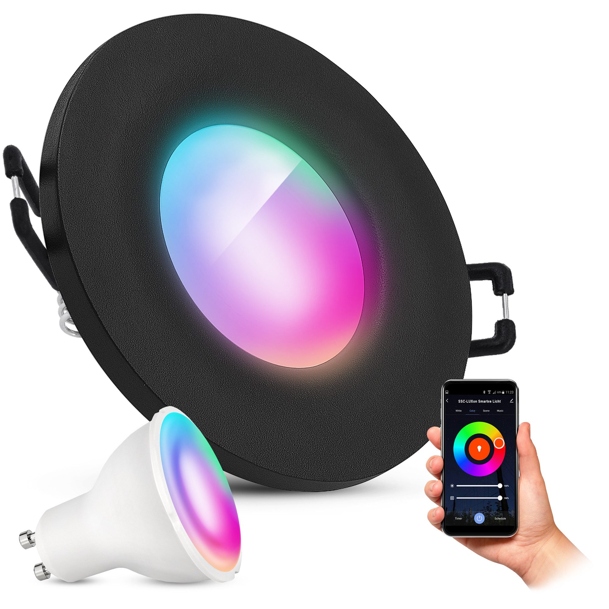 SSC-LUXon LED Außen-Deckenleuchte BEDA Spot Schwarz rund IP65 mit LED 5W GU10 WLAN RGB Strahler dimmbar, Smart
