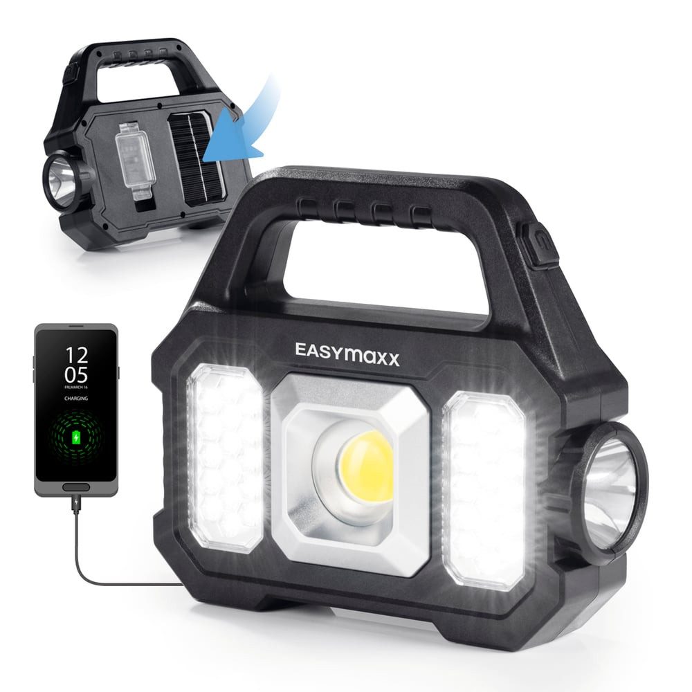 EASYmaxx LED Taschenlampe Solar-Arbeitsleuchte 3 in 1: COB-Strahler, dimmbares Seitenlicht, Aufladen durch Solarpanel oder per USB-Anschluss