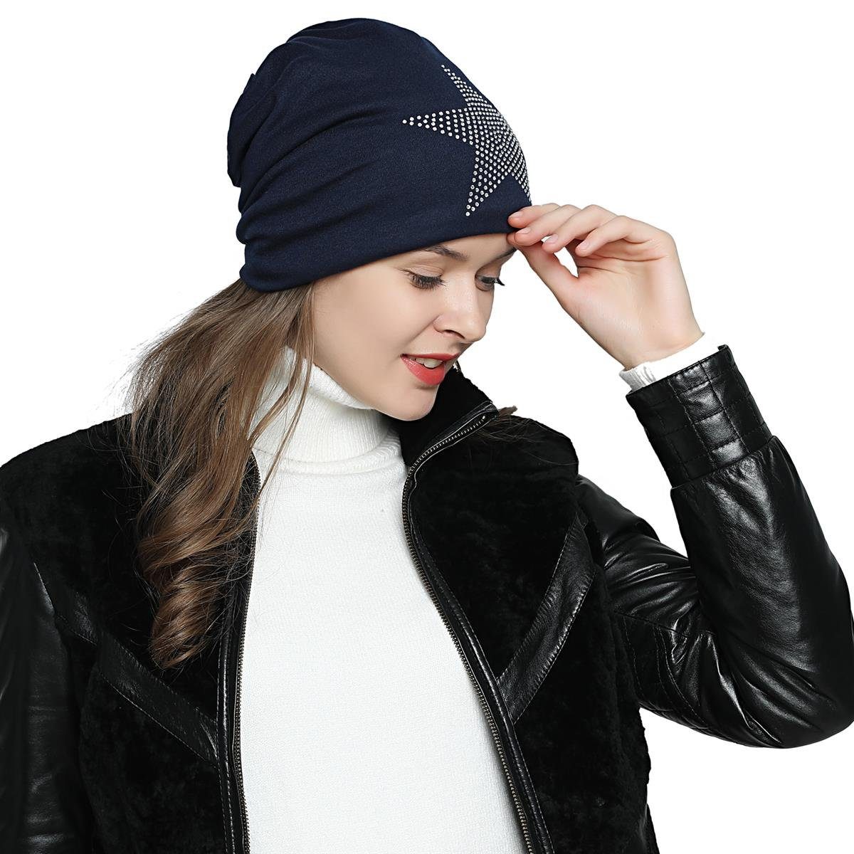 Wintermütze, mit Slouch Beanie mit DonDon oder Teddyfleece 1-St) mit (Packung, Sternenprint, Beanie Pailletten-, Print Strass Stern Damen Strass- dunkelblau