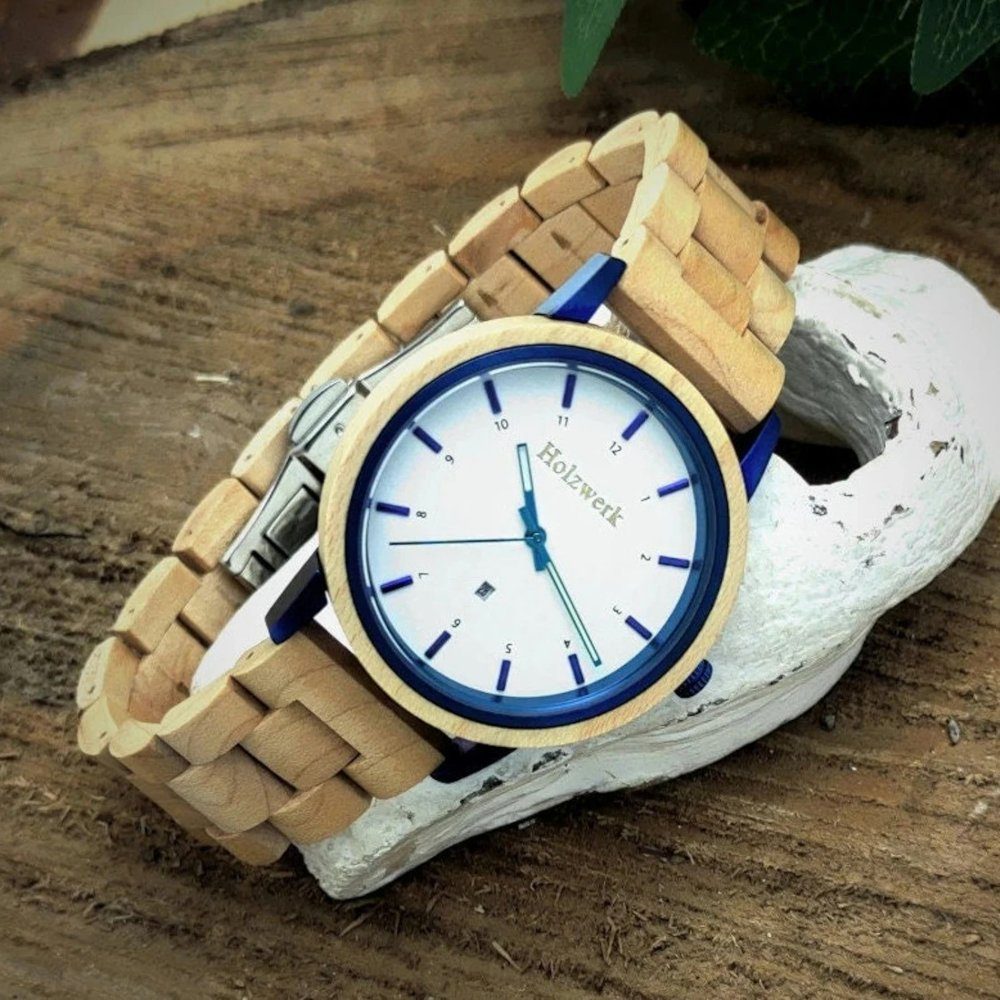 mit & Holzwerk Herren beige, blau Quarzuhr Uhr Datum, Damen weiß Holz & HEIDENAU Armband
