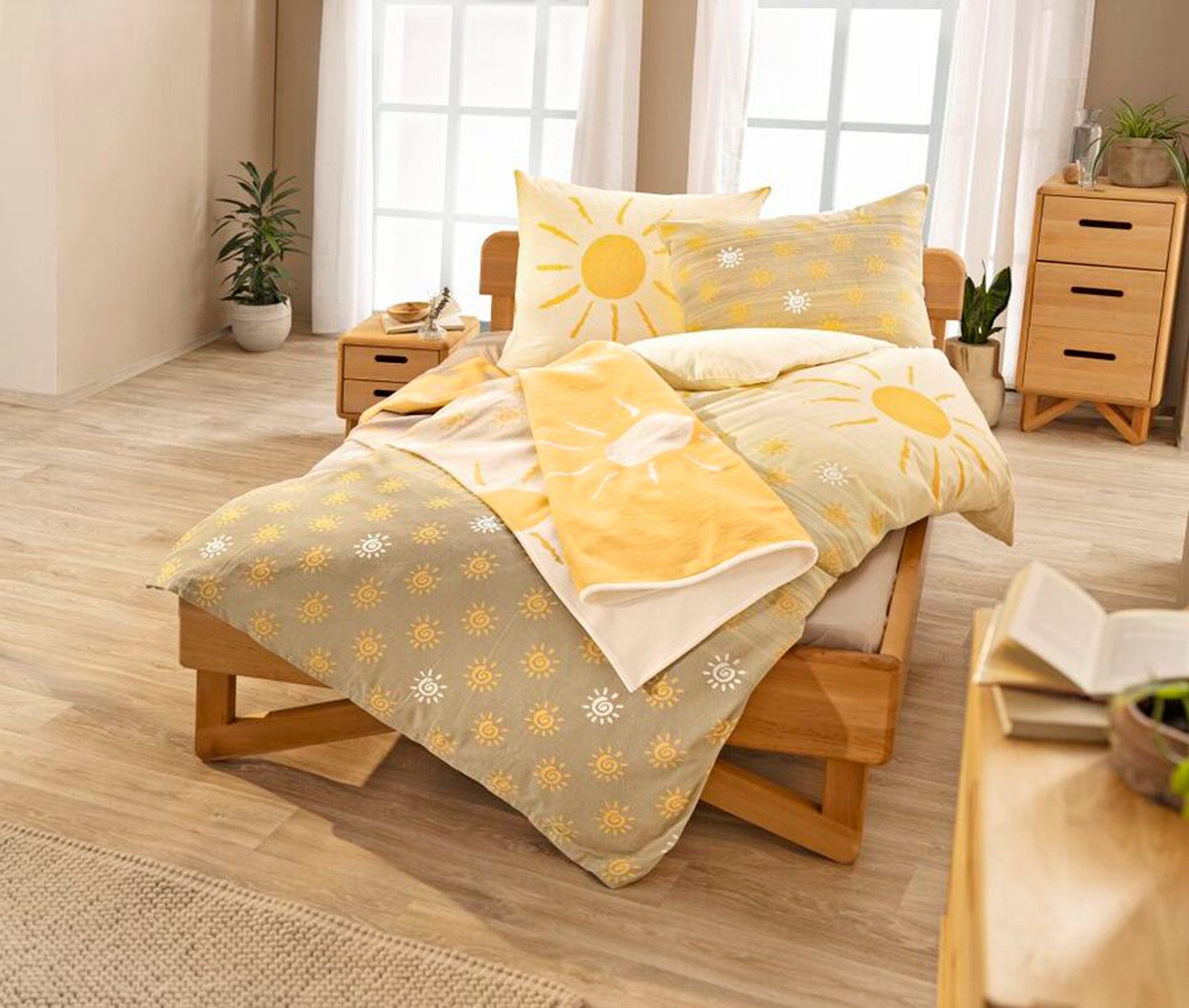 Dormisette Bettwäsche Dormisette Fein Biber Bettwäsche Gelb Sonne 135x200 80x80 cm, Biber, Biber Bettwäsche mit Sonnenmuster