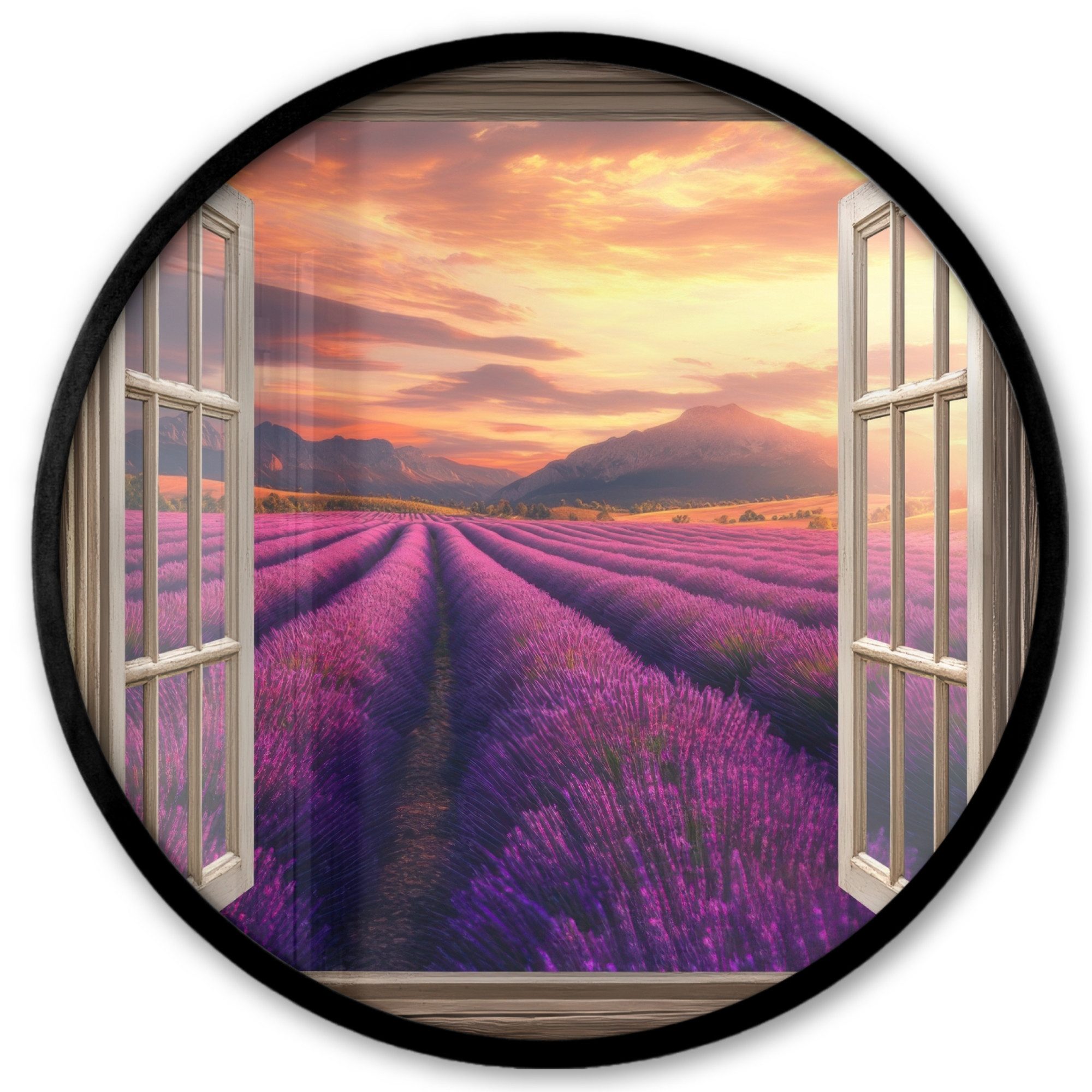 Poster Rund - Fensterblick - Lavendel - Landschaft - Blumen - Lila