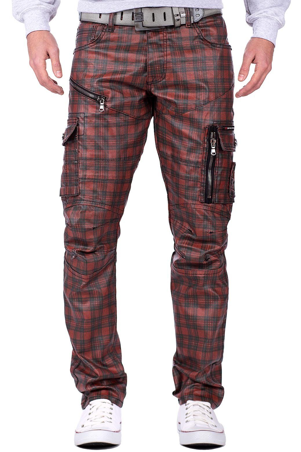 Cipo & Baxx Regular-fit-Jeans Cargo Hose BA-CD721 mit Zippern im Lederimitat rot