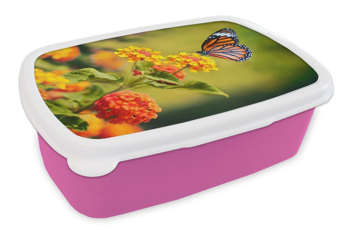 MuchoWow Lunchbox Schmetterling - Insekten - Blumen - Gelb, Kunststoff, (2-tlg), Brotbox für Erwachsene, Brotdose Kinder, Snackbox, Mädchen, Kunststoff rosa