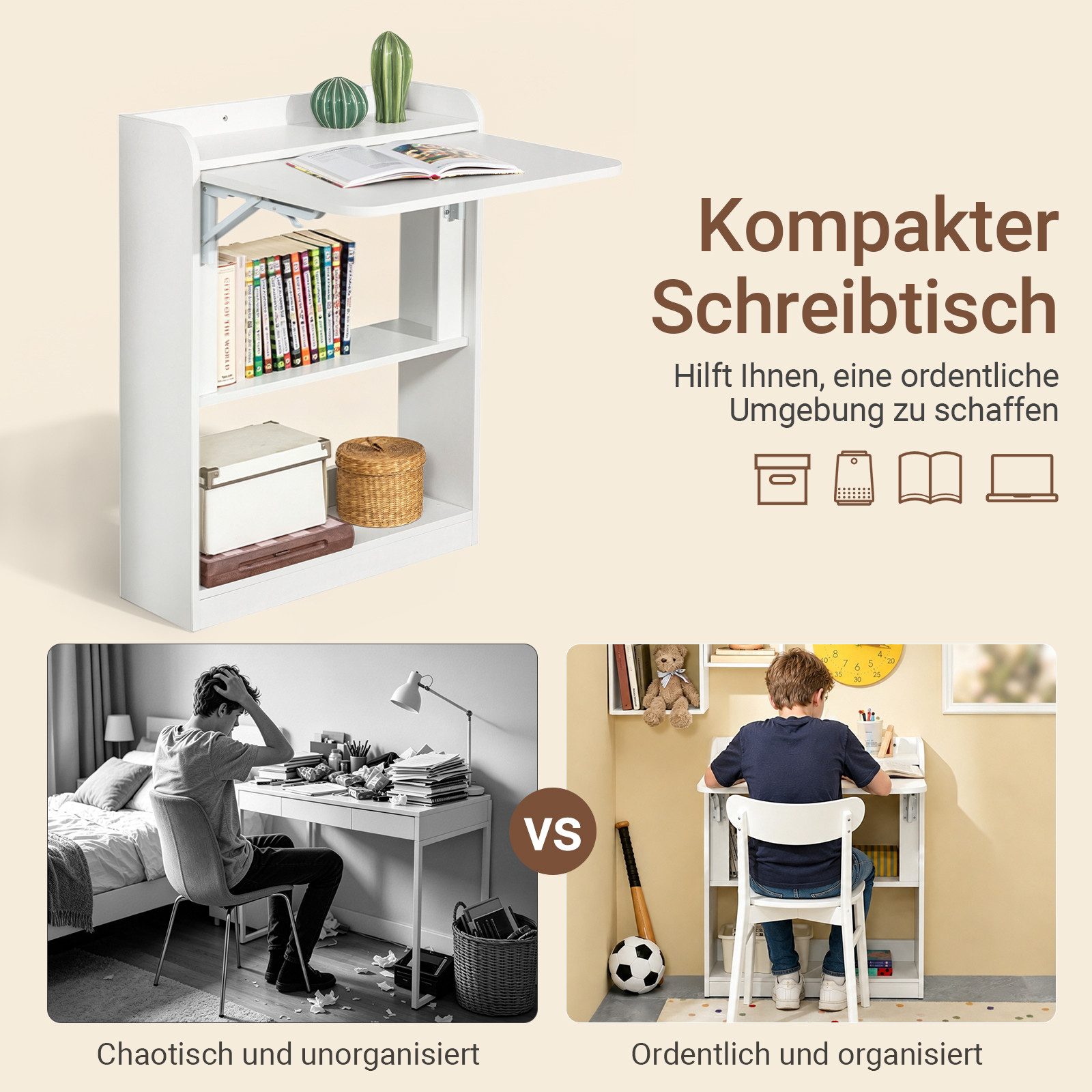 SoBuy Schreibtisch FWT92, Schreibtisch klappbar Computertisch mit Ablagen Arbeitstisch Wandtisch
