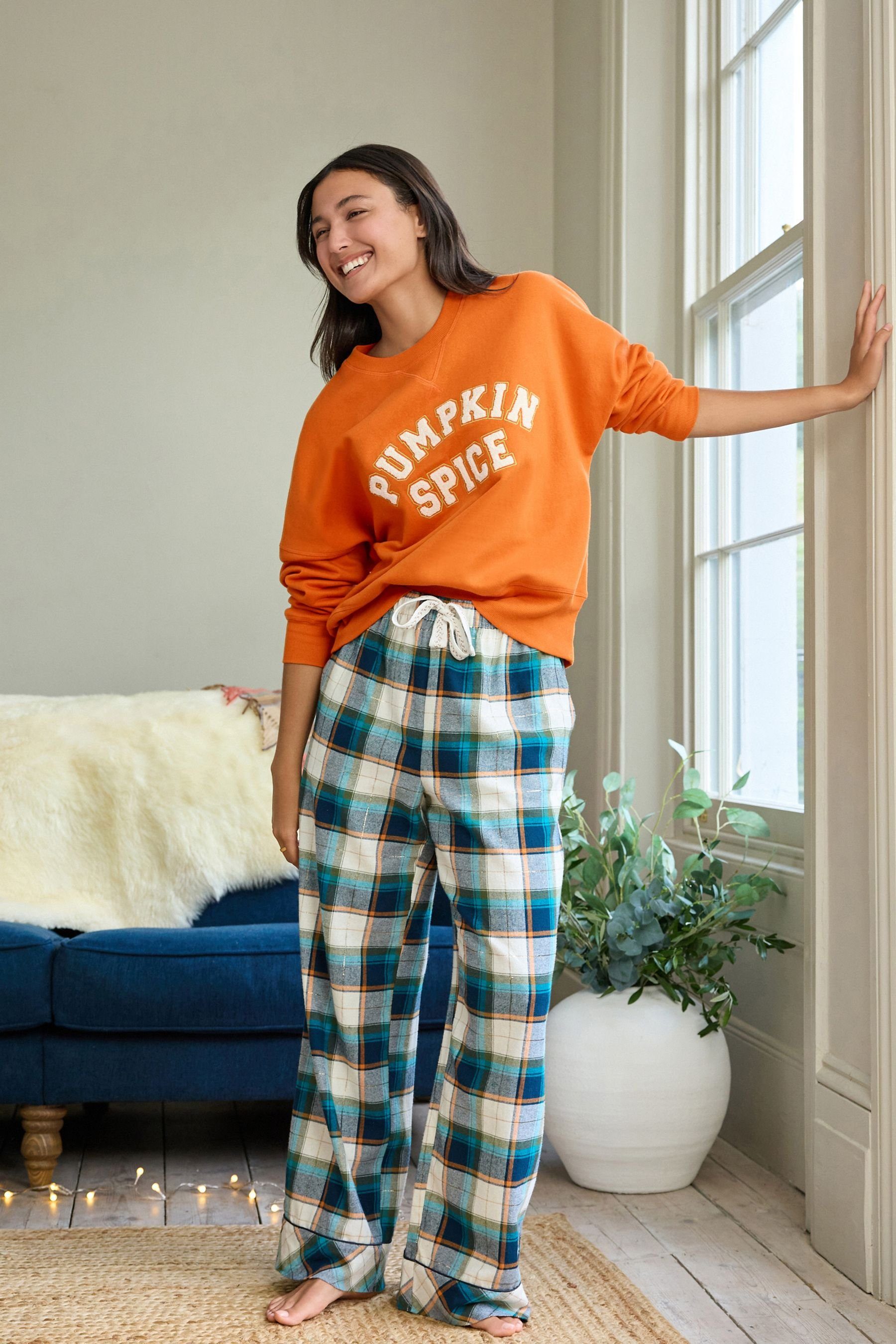Next Pyjama Schlafanzug Sweatshirt mit Flanellhose (2 tlg) Orange Pumpkin
