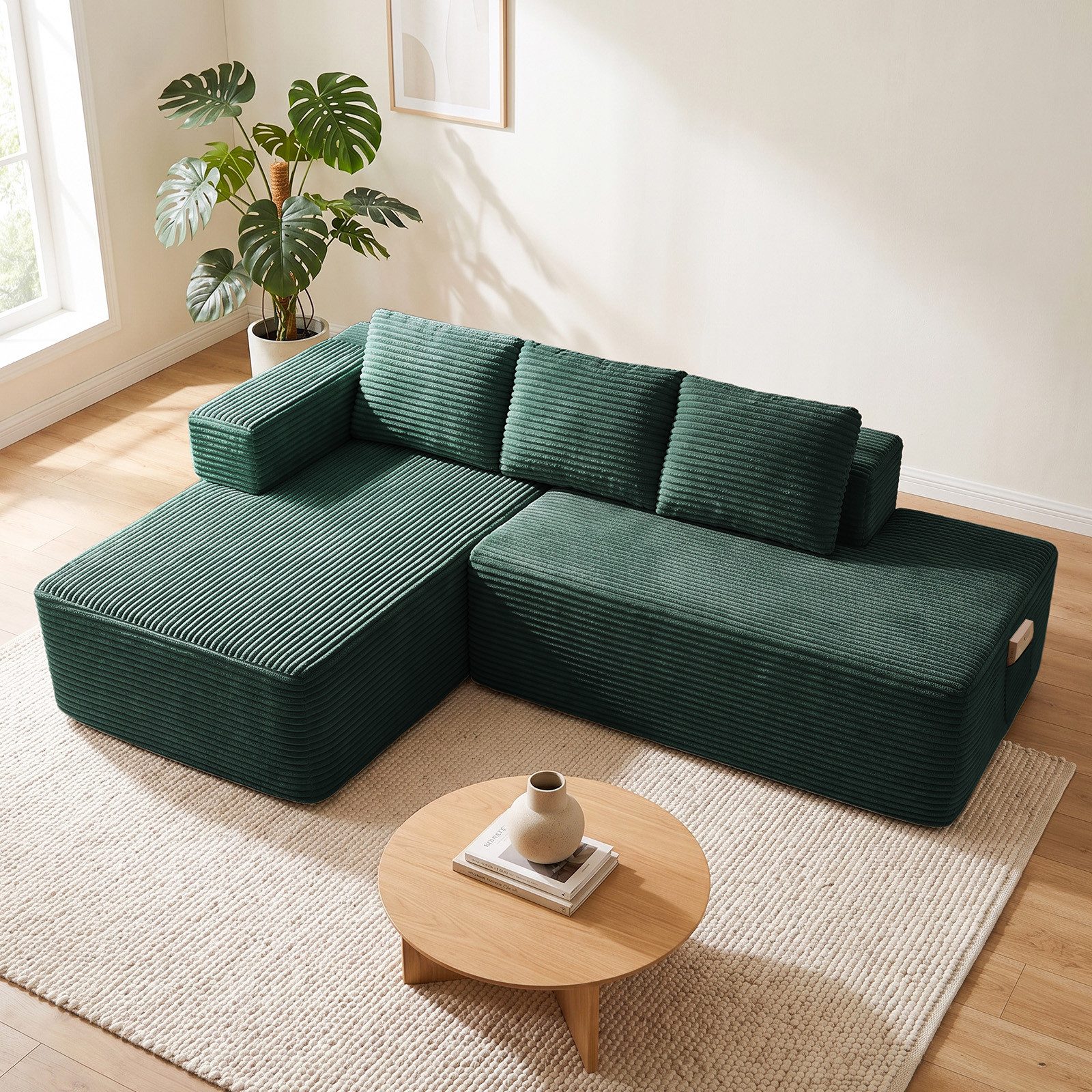 COMHOMA Sofa Ecksofa, Corduroy Modulares Boneless Couch mit Chaiselongue, Metallgestell, L-Form Schlafsofa mit Kissen & Seitentaschen